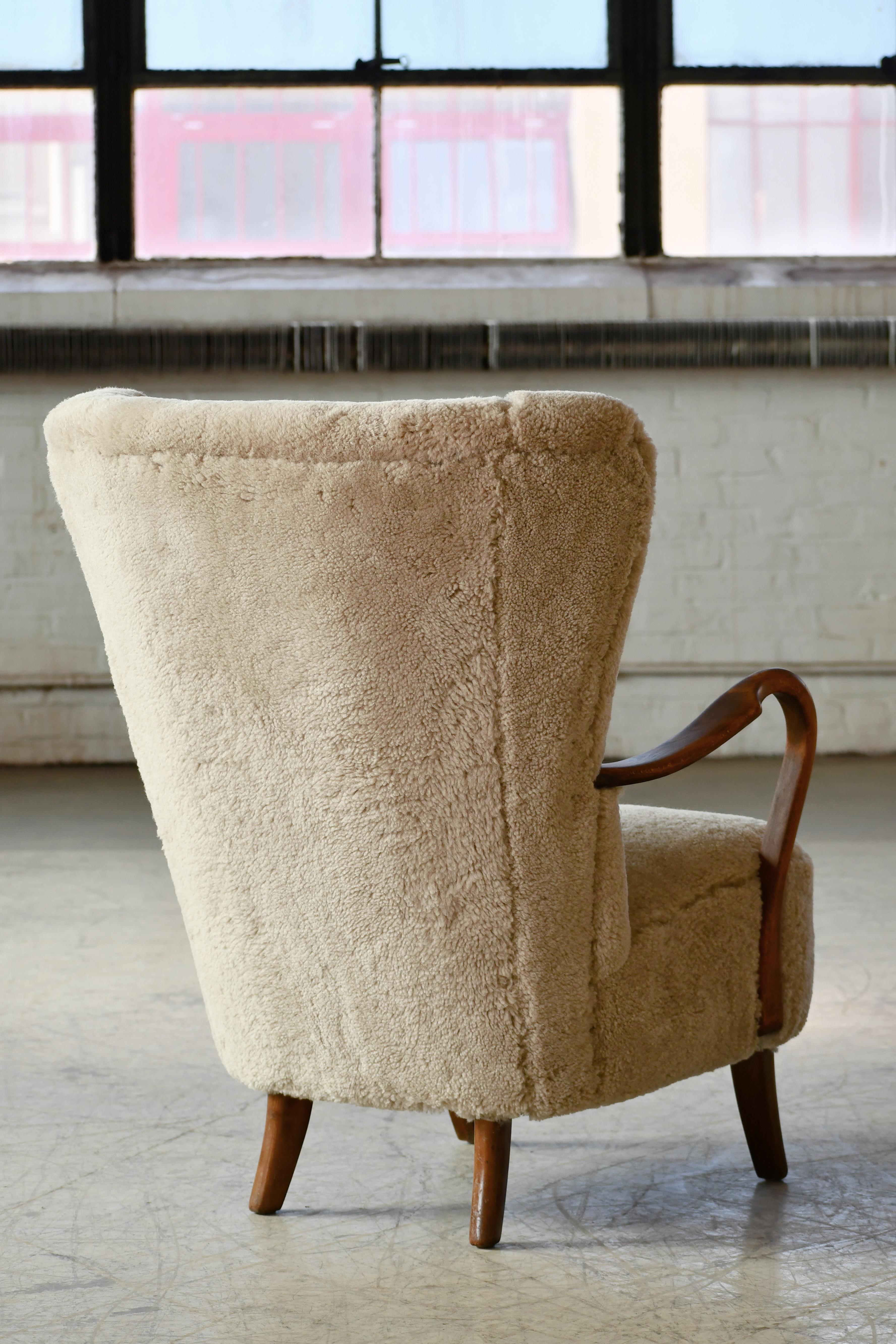 Danish 1940s Highback Lounge Chair in Grey Sheepskin and Open Armrests in Oak 4