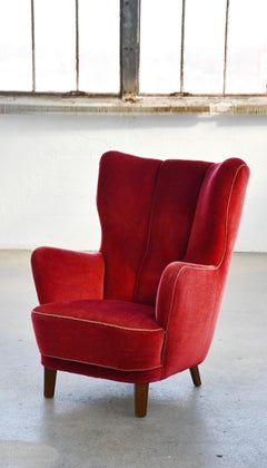 Danish 1940s Highback Lounge Chair in Red Mohair