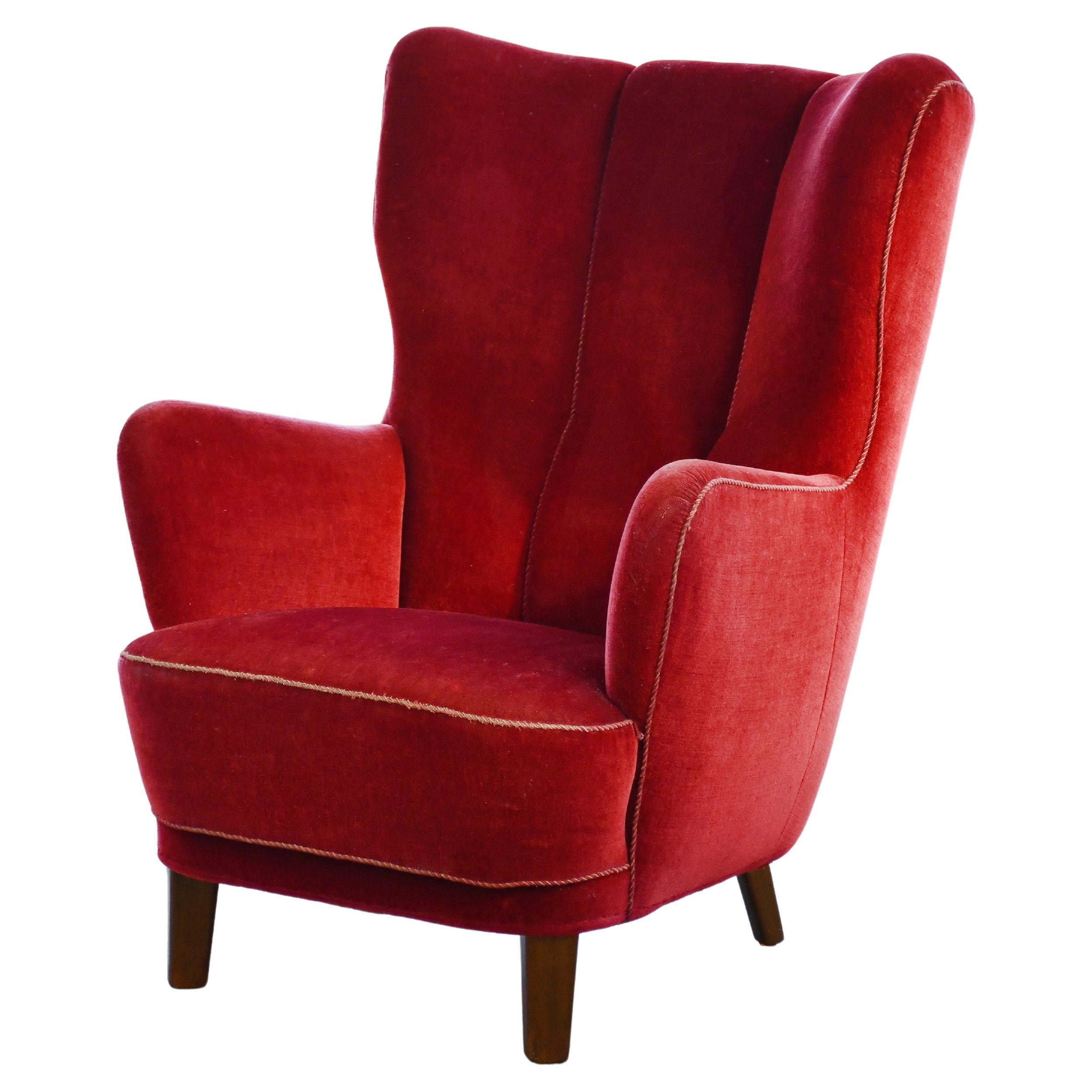 Danish 1940s Highback Lounge Chair in Red Mohair