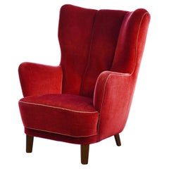 Danish 1940s Highback Lounge Chair in Red Mohair
