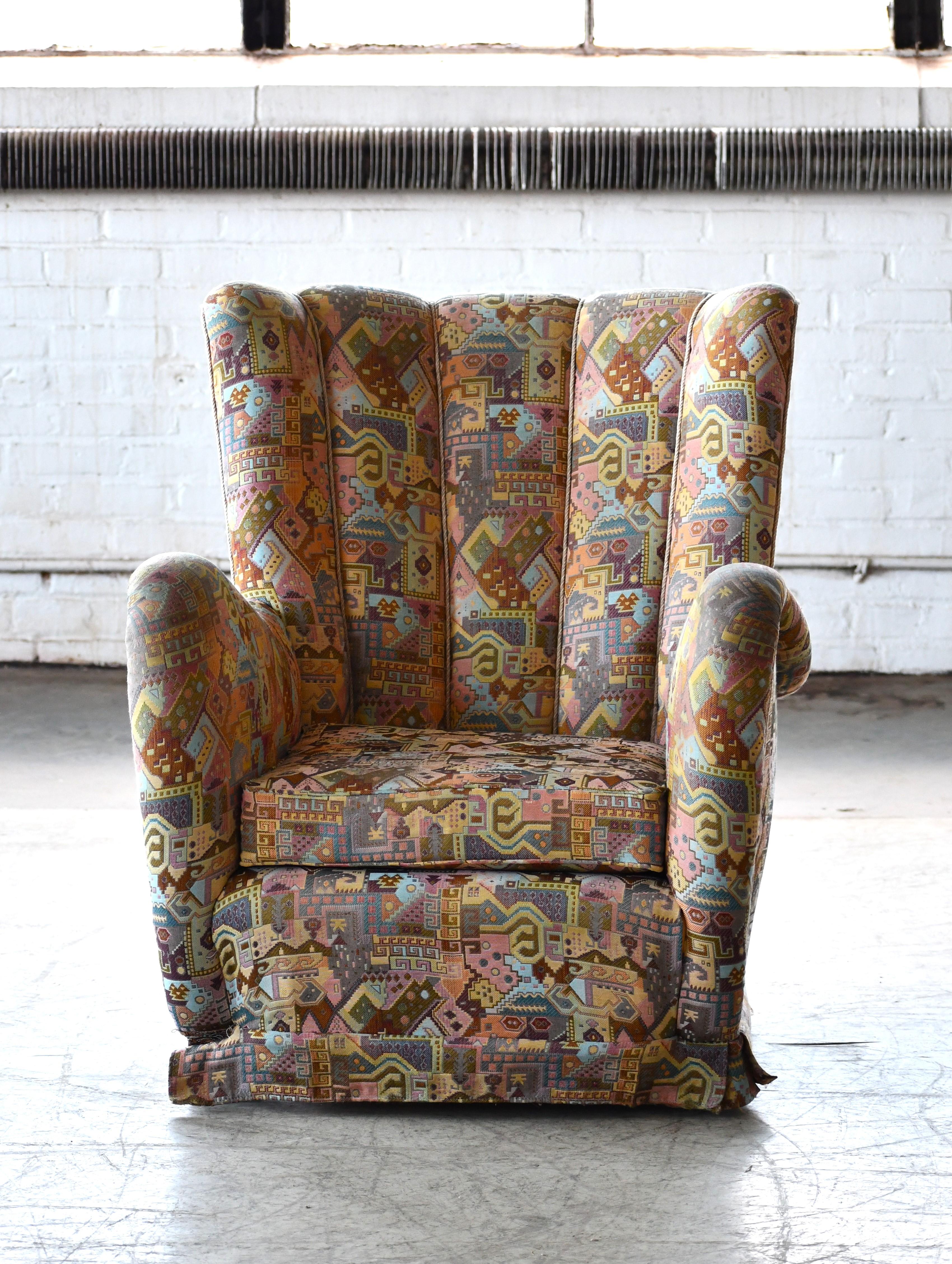 Scandinavian Modern  Danish 1940s Highback Lounge Chair Organic Shape Mogens Lassen Style For Sale