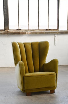 Danish 1940s Highback Lounge Chair with Channel Back in Original Green Mohair