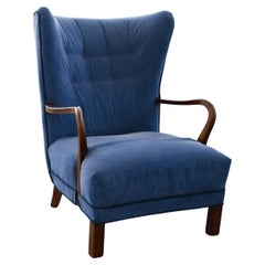 Large Danish 1940s Highback Lounge Chair with Carved Open Armrests in Beech