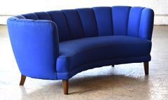 Danish 1940s Large Banana Form Curved Sofa Blue wool Fabric
