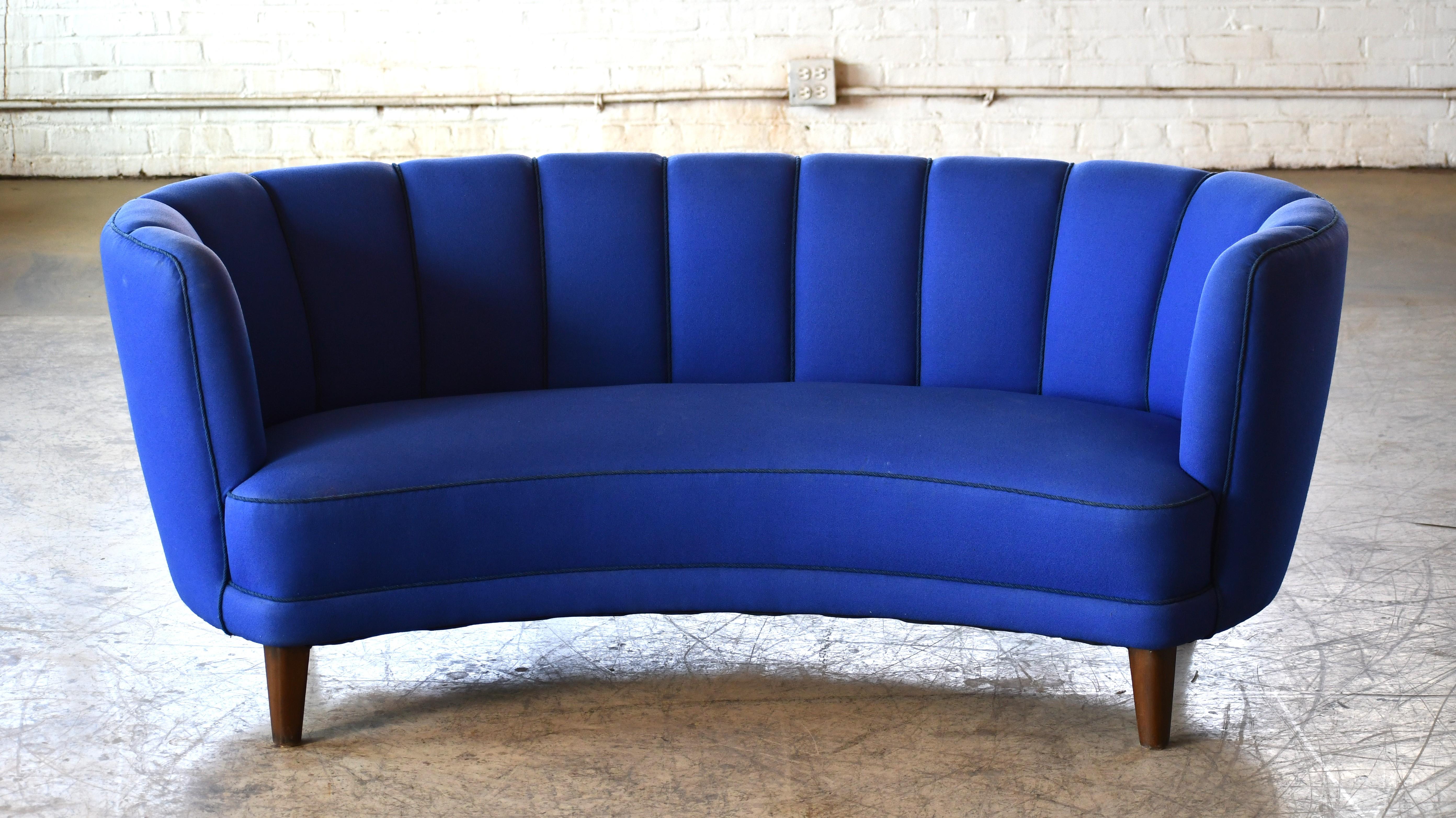 Mid-Century Modern Danish 1940s Large Banana Form Curved Sofa Blue wool Fabric For Sale