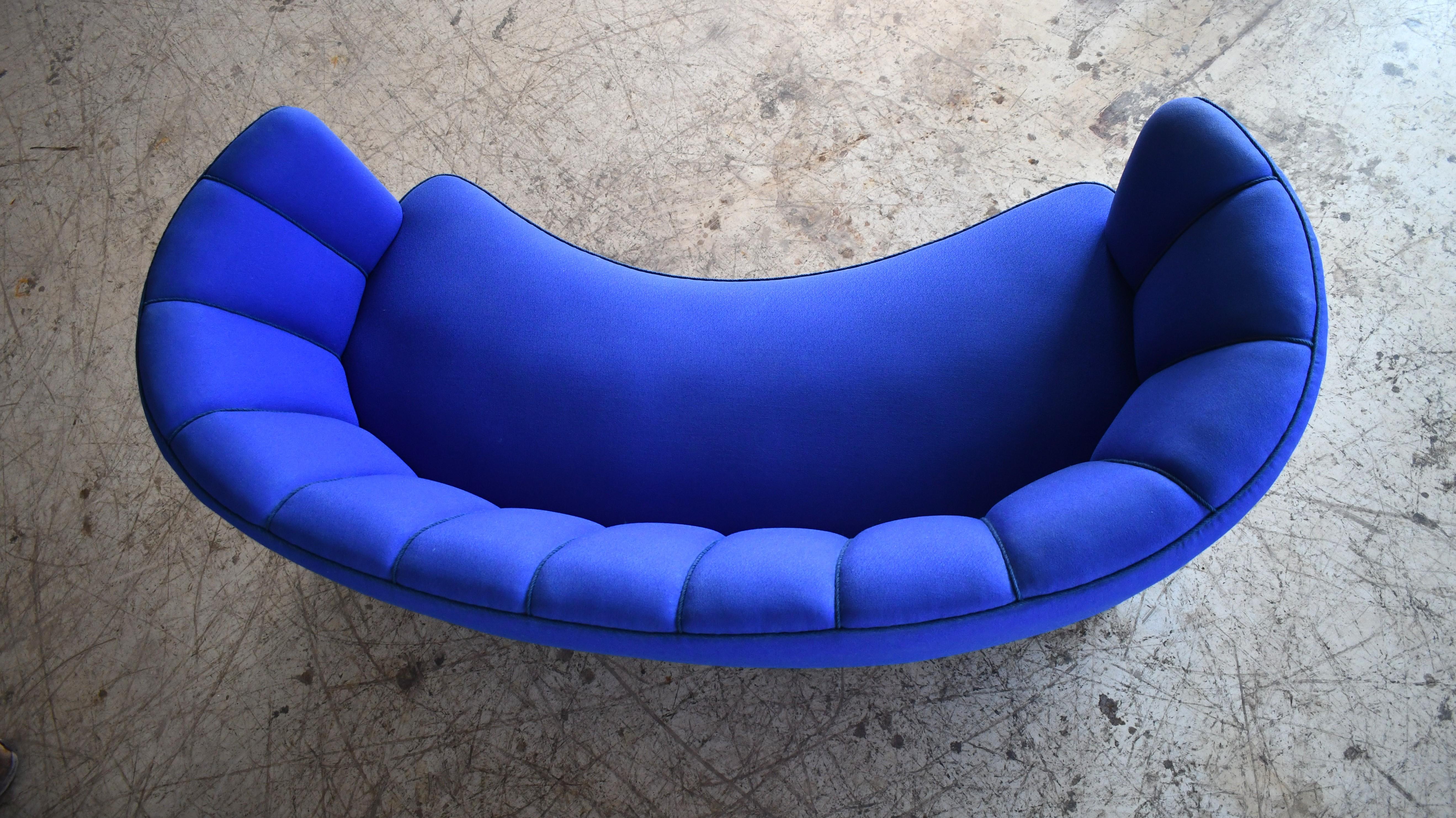 Danish 1940s Large Banana Form Curved Sofa Blue wool Fabric For Sale 1