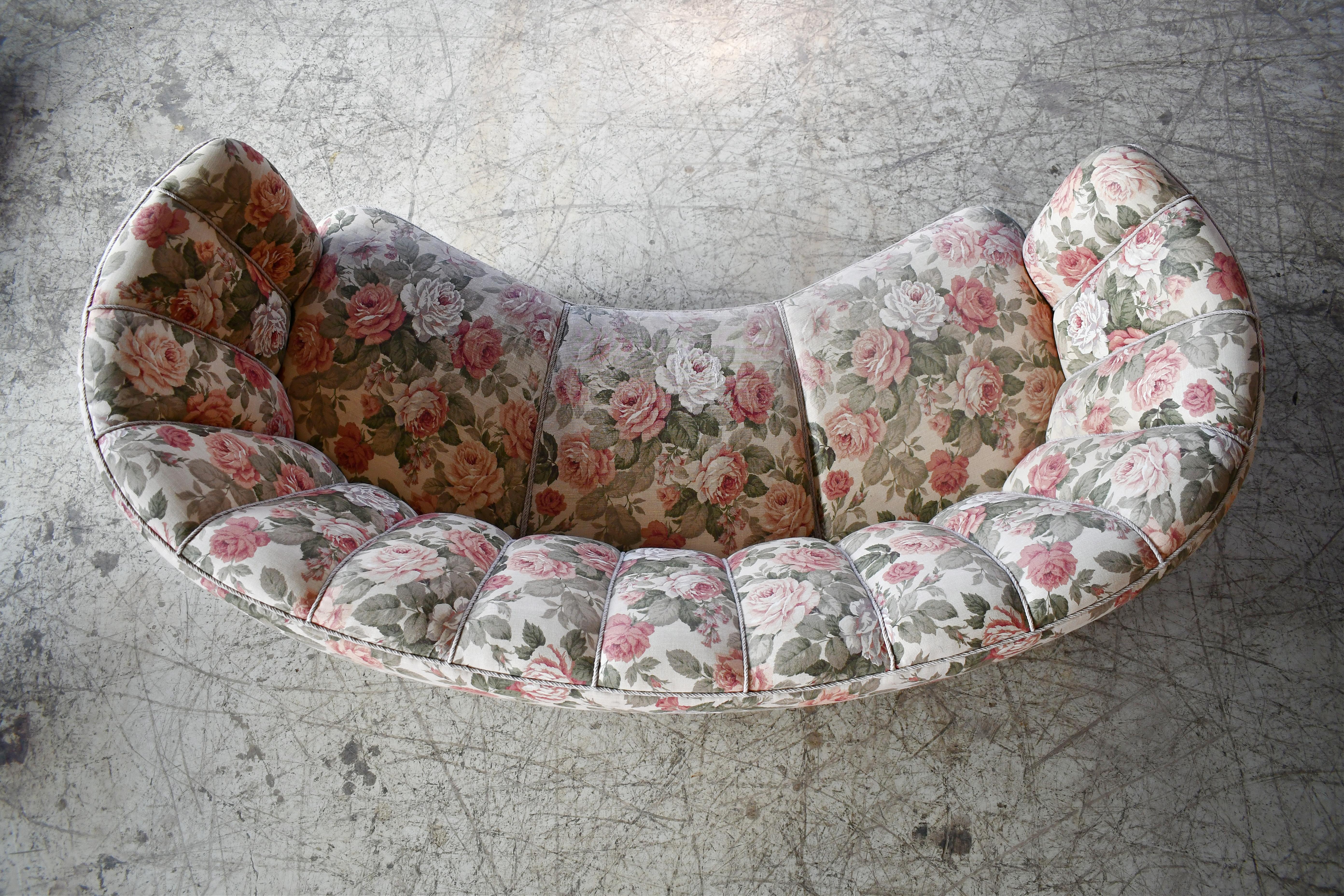 Mid-Century Modern Danish 1940s Large Banana Form Curved Sofa in Floral Fabric For Sale