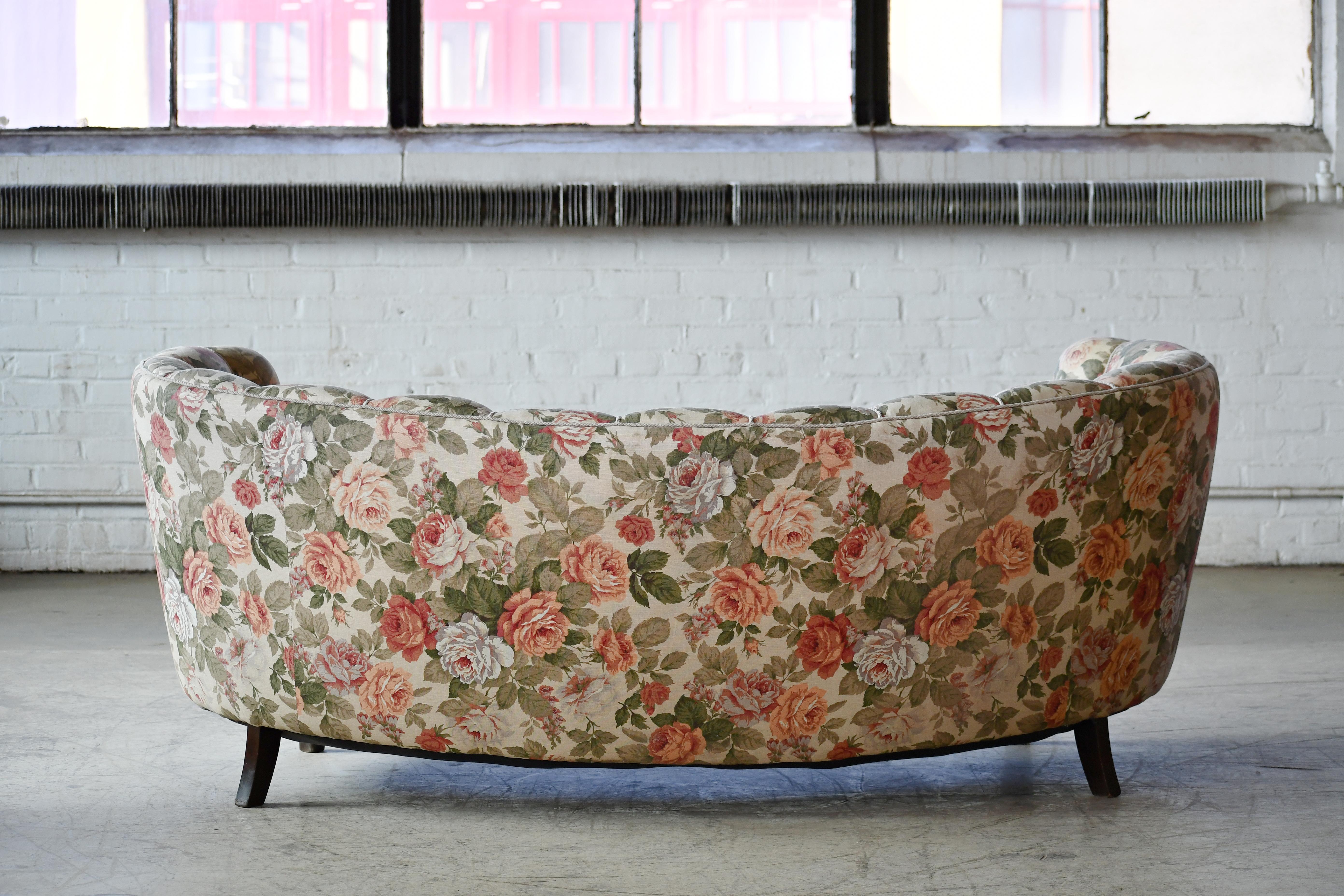 Danish 1940s Large Banana Form Curved Sofa in Floral Fabric In Good Condition For Sale In Bridgeport, CT