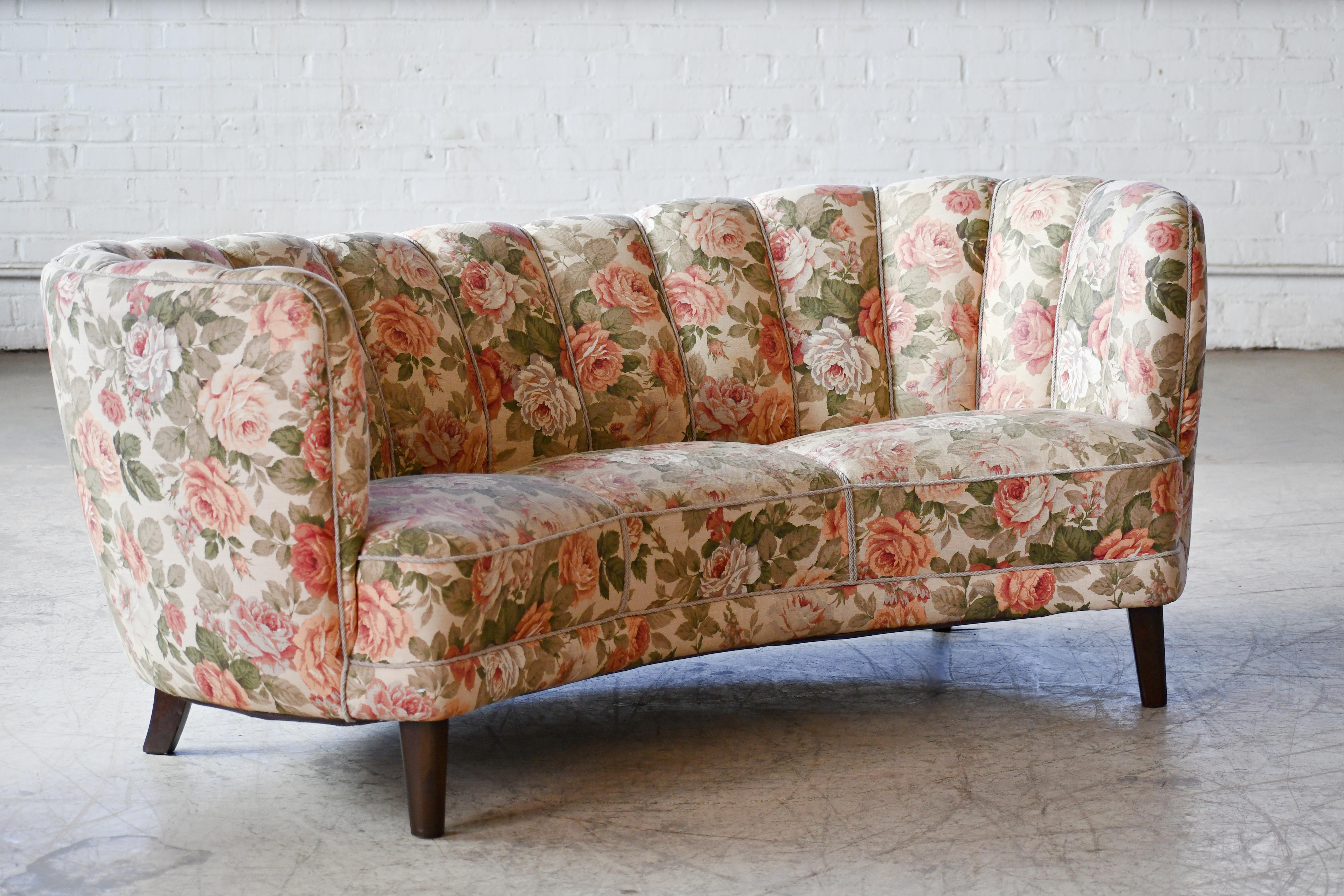 Mid-20th Century Danish 1940s Large Banana Form Curved Sofa in Floral Fabric For Sale