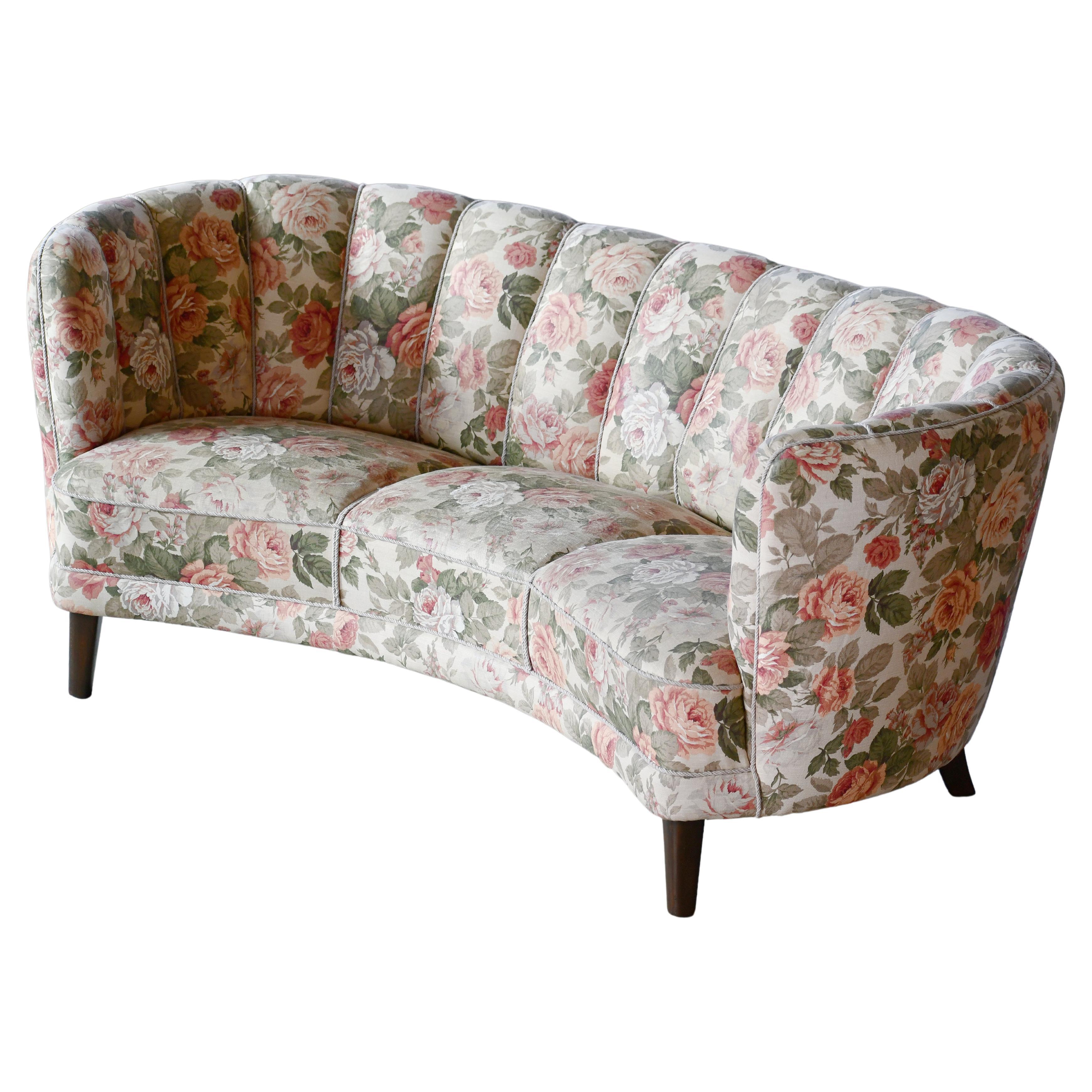 Danish 1940s Large Banana Form Curved Sofa in Floral Fabric For Sale