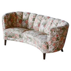 Danish 1940s Large Banana Form Curved Sofa in Floral Fabric