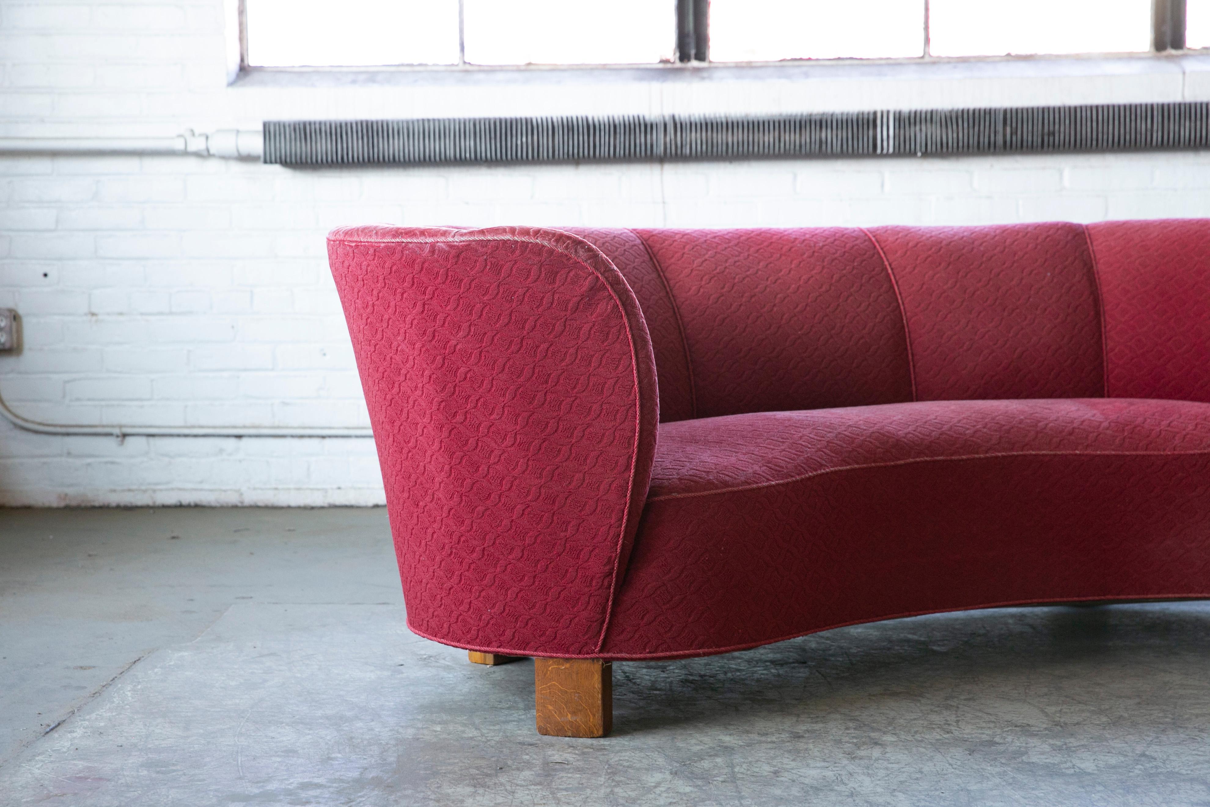 Mid-Century Modern Danish 1940's Large Banana Form Curved Sofa in Red Wool