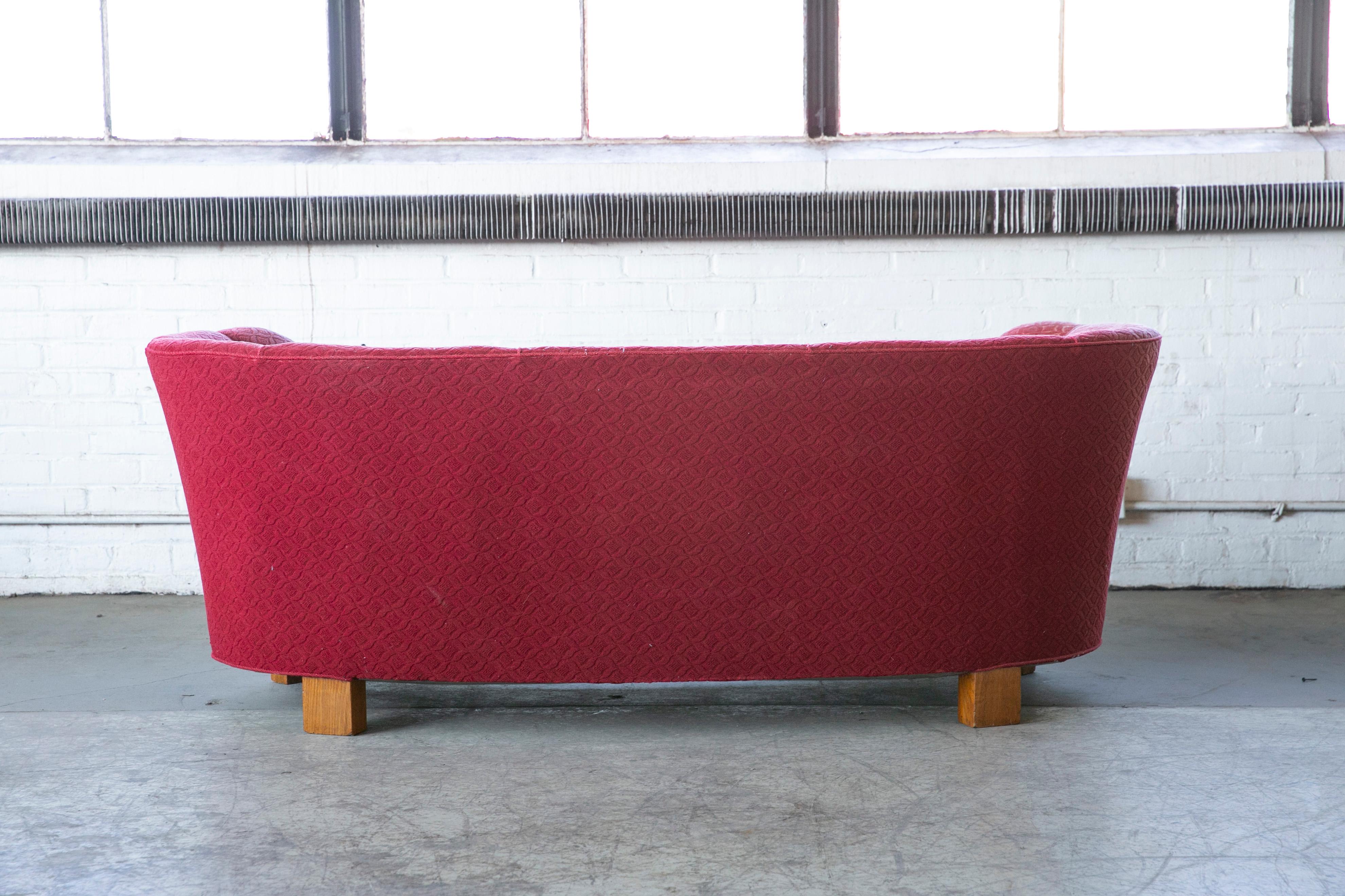 Danish 1940's Large Banana Form Curved Sofa in Red Wool 2