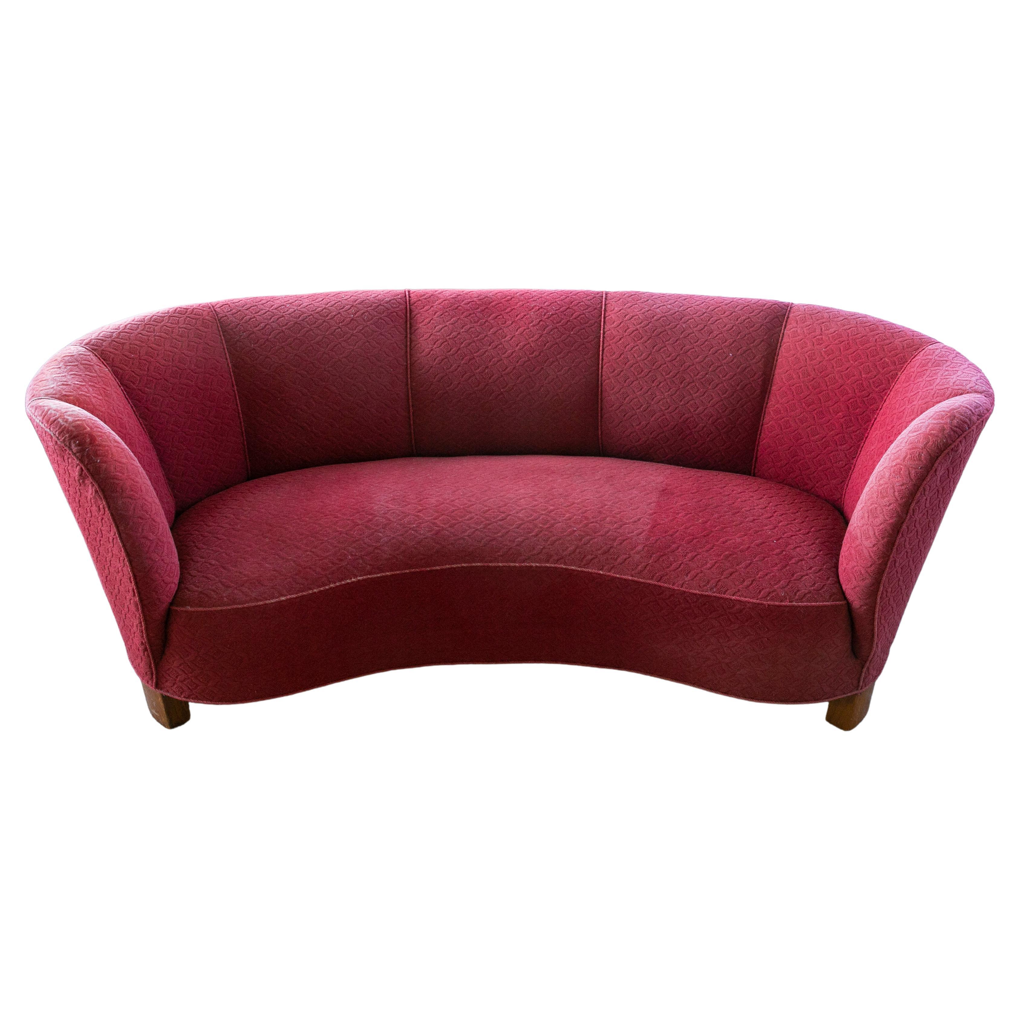 Danish 1940's Large Banana Form Curved Sofa in Red Wool