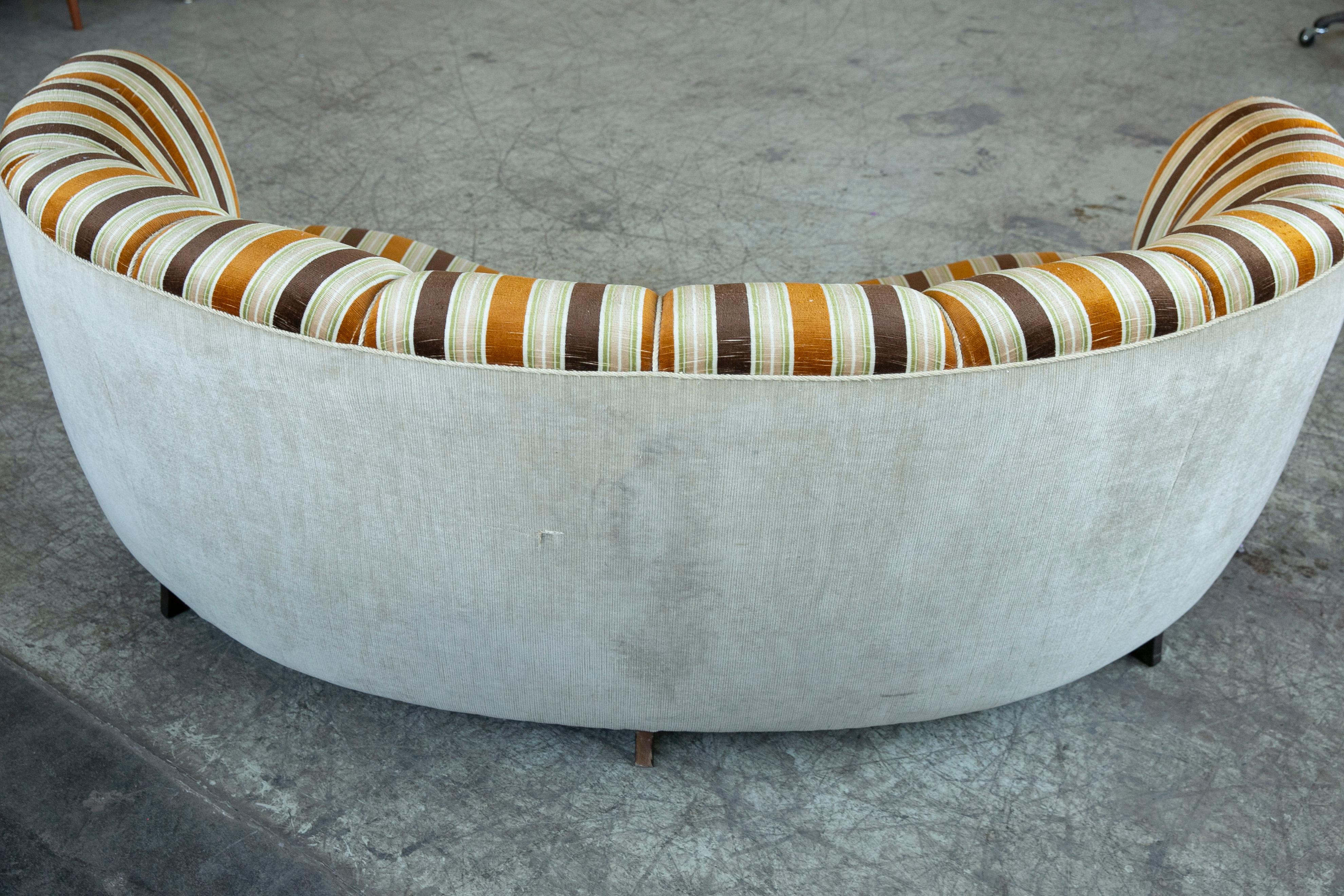 Danish 1940's Large Banana Form Curved Sofa in Striped Fabric 2