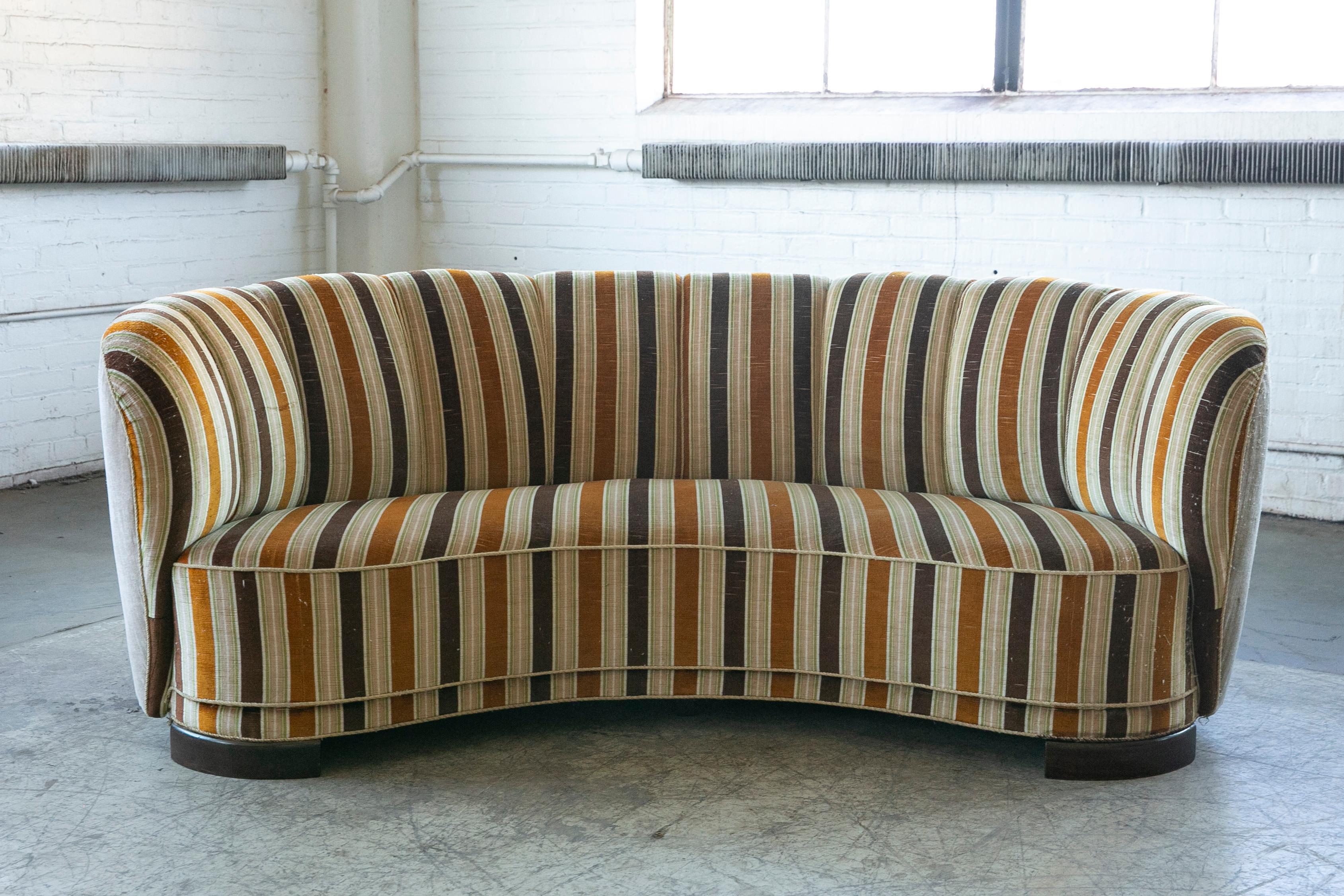 Mid-Century Modern Danish 1940's Large Banana Form Curved Sofa in Striped Fabric