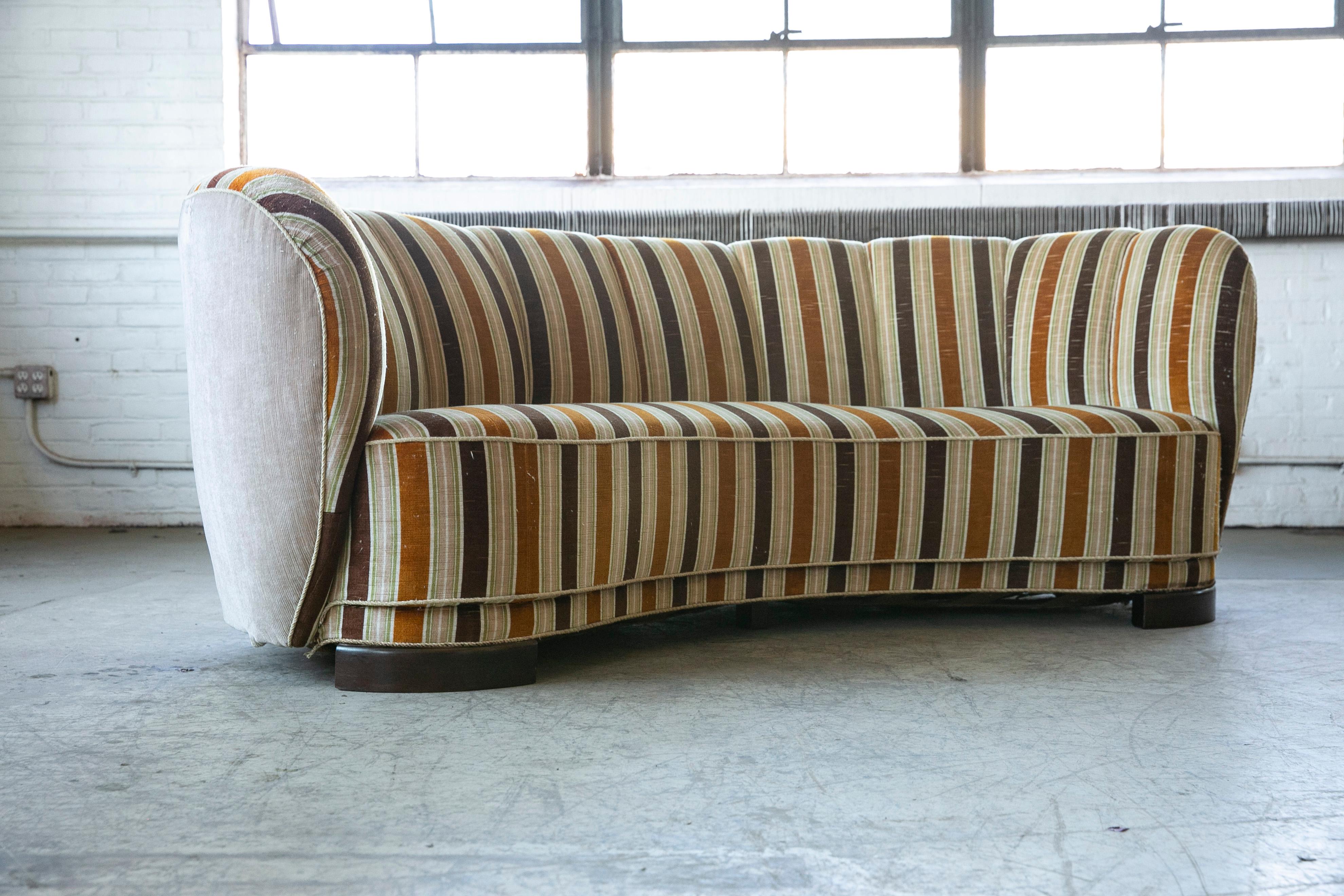 Mid-20th Century Danish 1940's Large Banana Form Curved Sofa in Striped Fabric