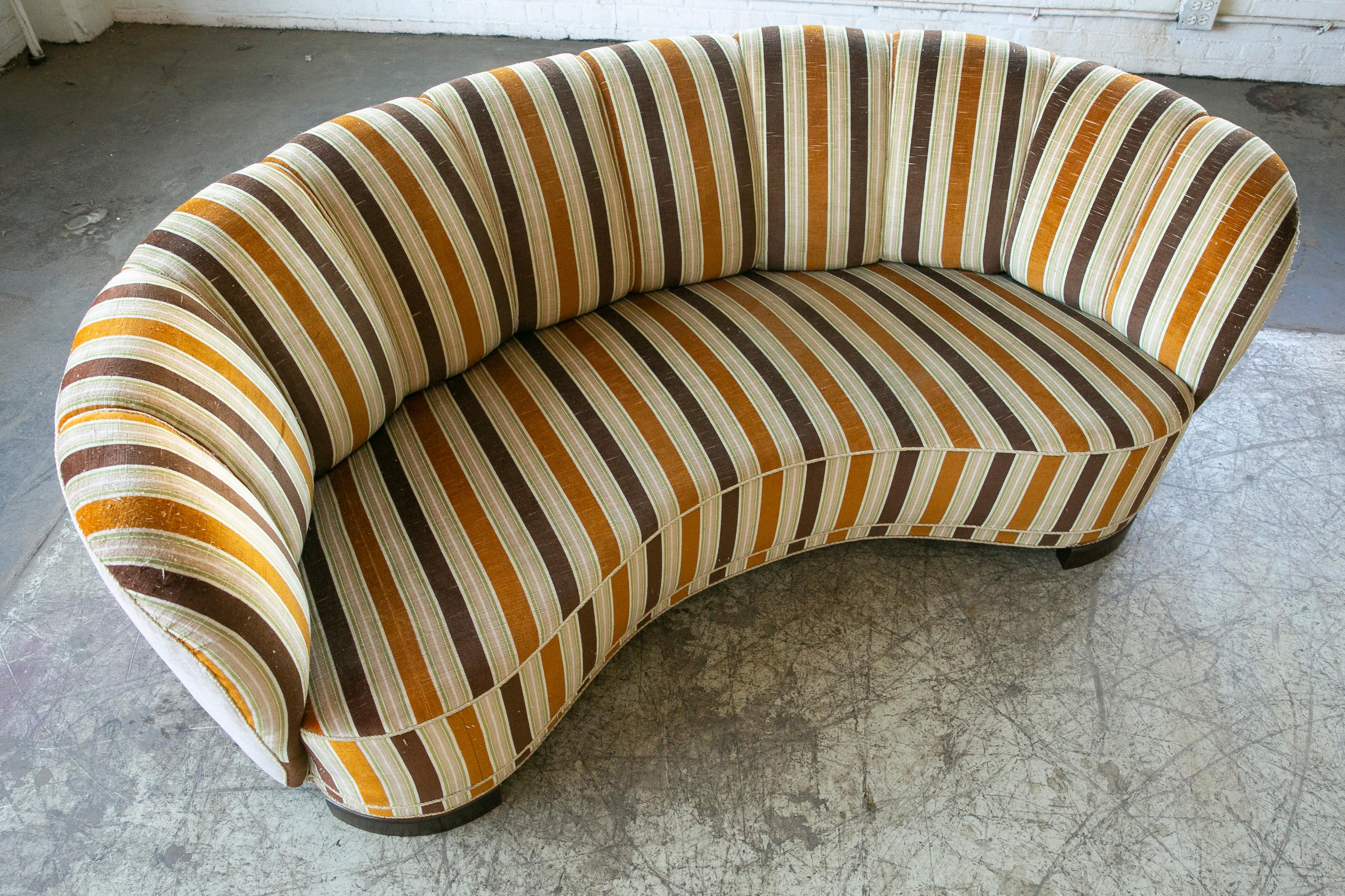 Wool Danish 1940's Large Banana Form Curved Sofa in Striped Fabric