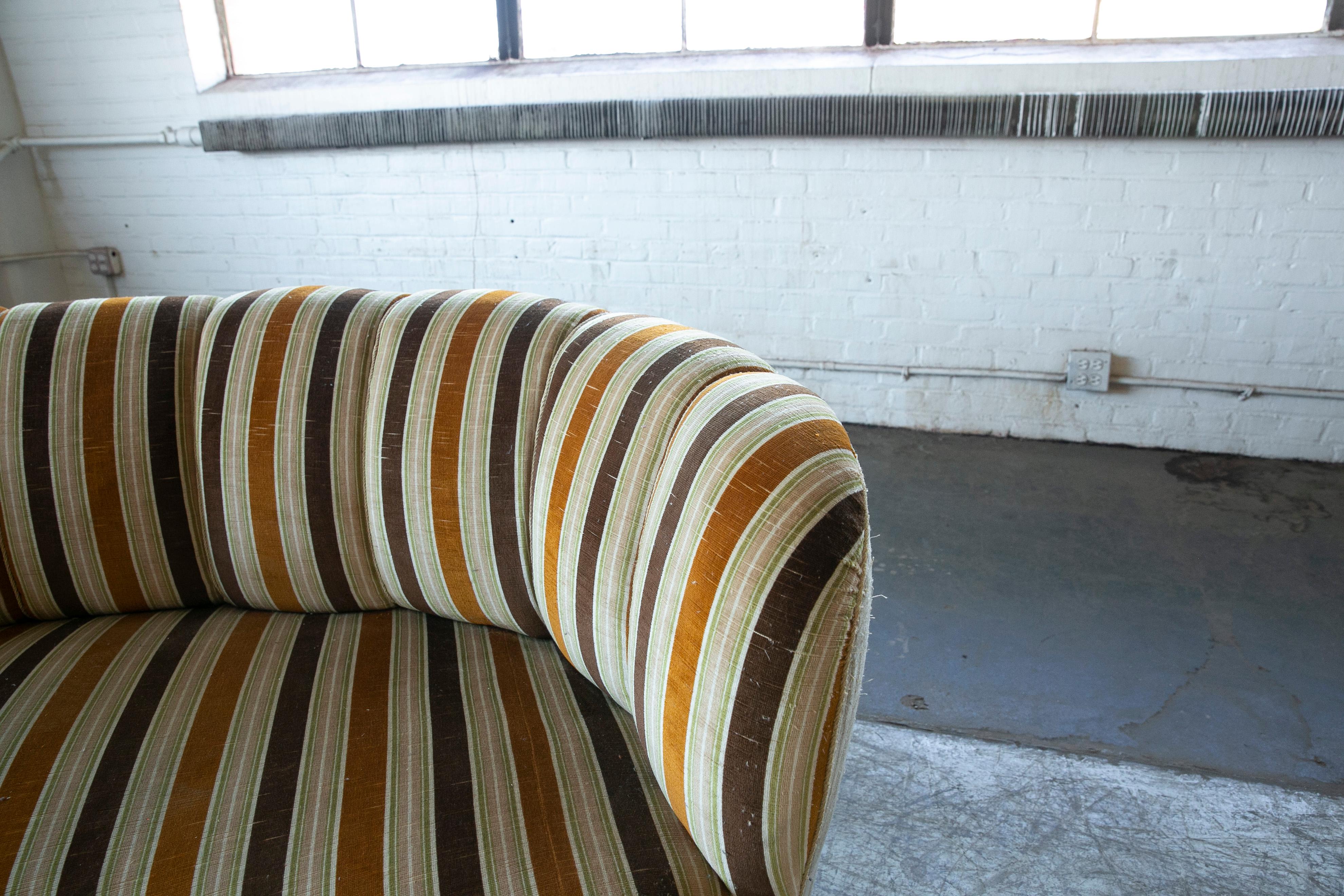 Danish 1940's Large Banana Form Curved Sofa in Striped Fabric 1