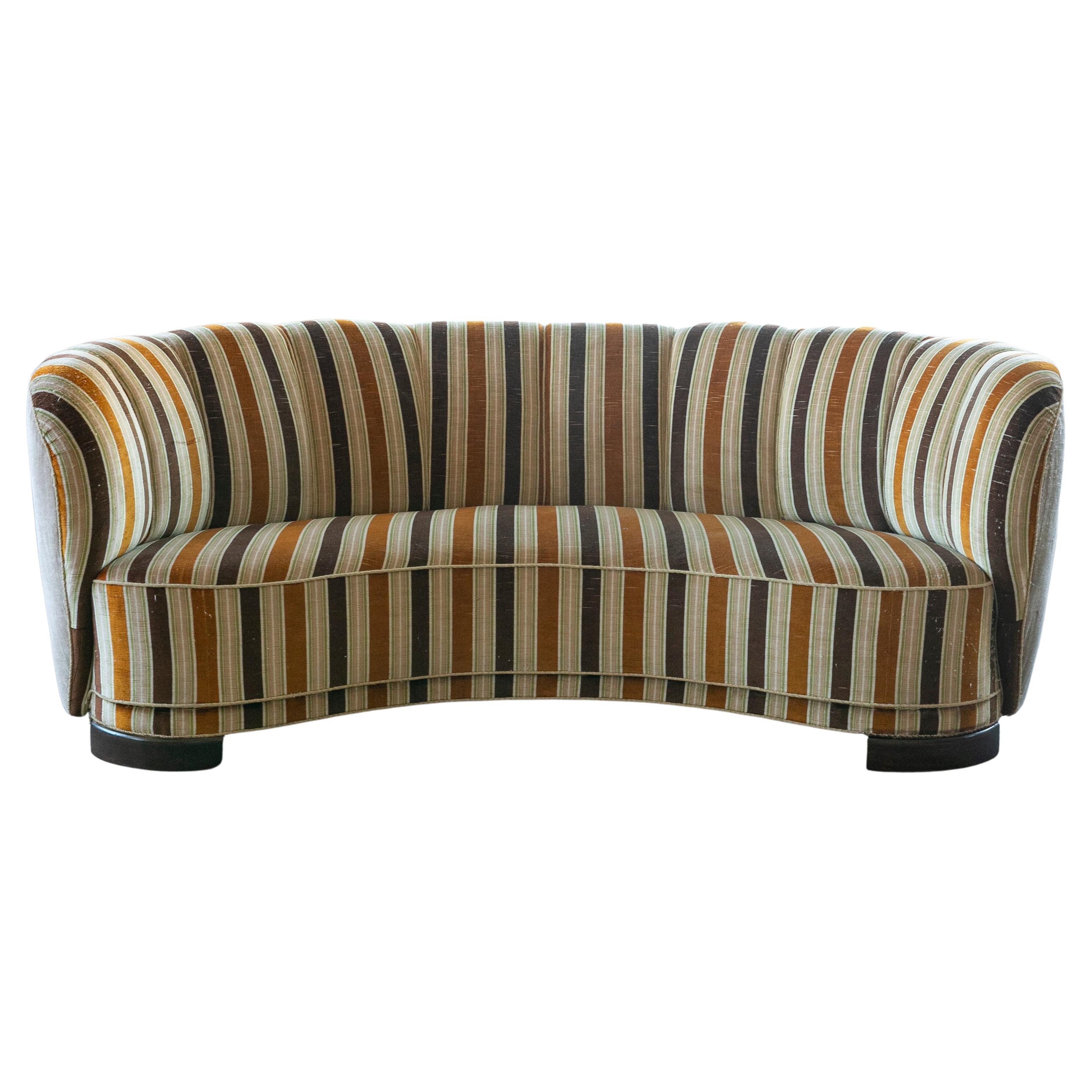 Danish 1940's Large Banana Form Curved Sofa in Striped Fabric