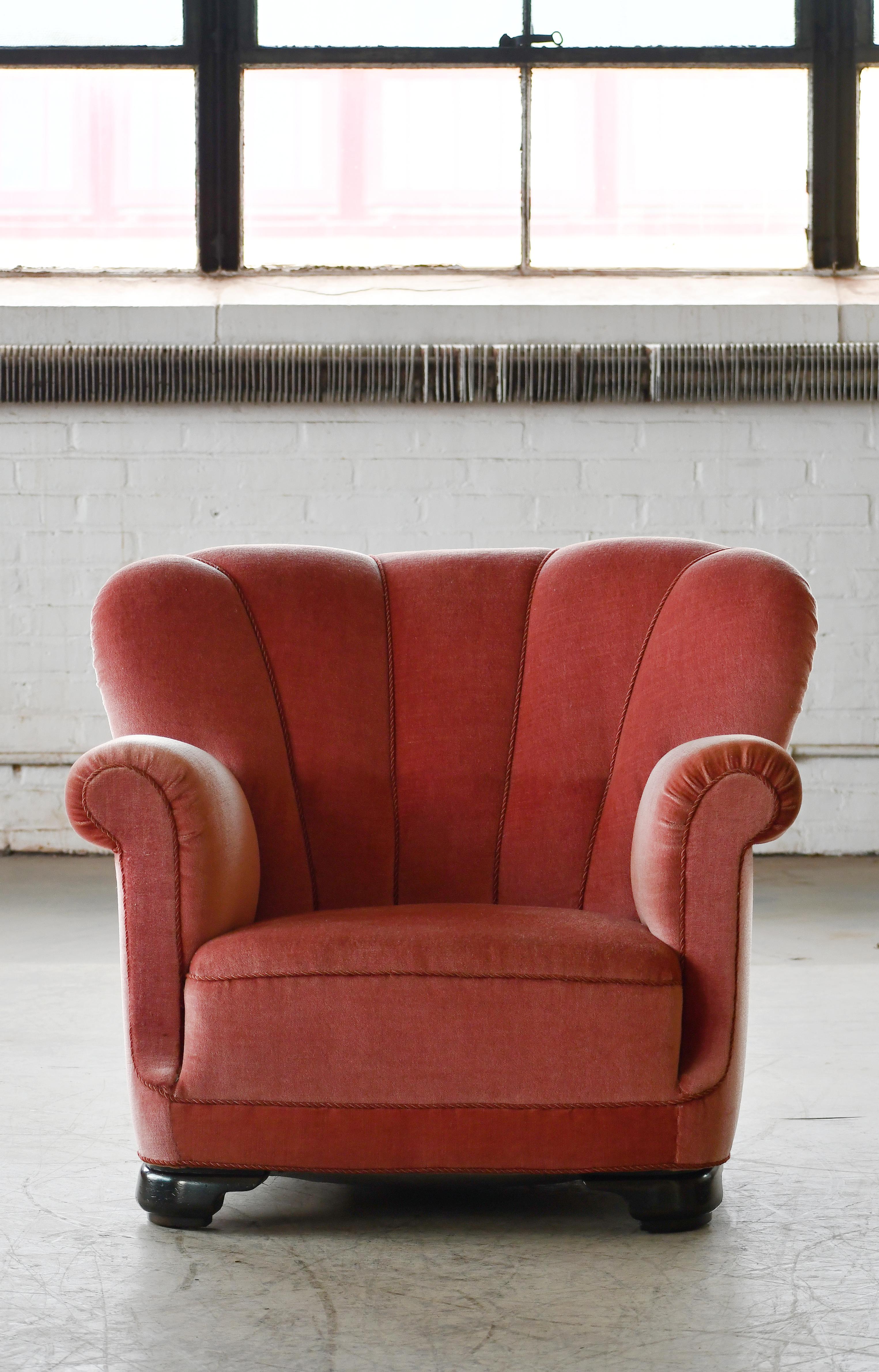 Danish 1940s Large Channel Back Club Chair in Pink Mohair  In Good Condition In Bridgeport, CT