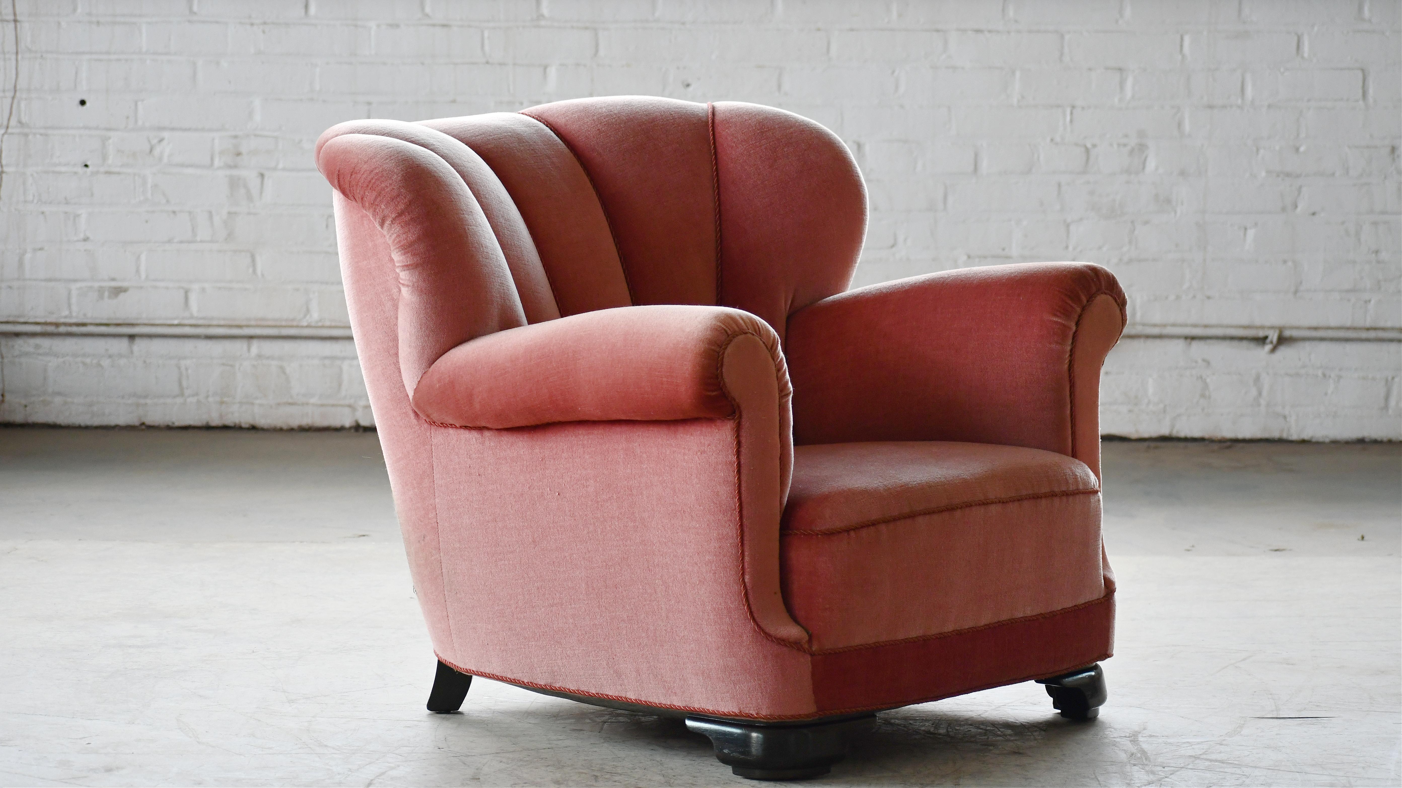 Mid-20th Century Danish 1940s Large Channel Back Club Chair in Pink Mohair 