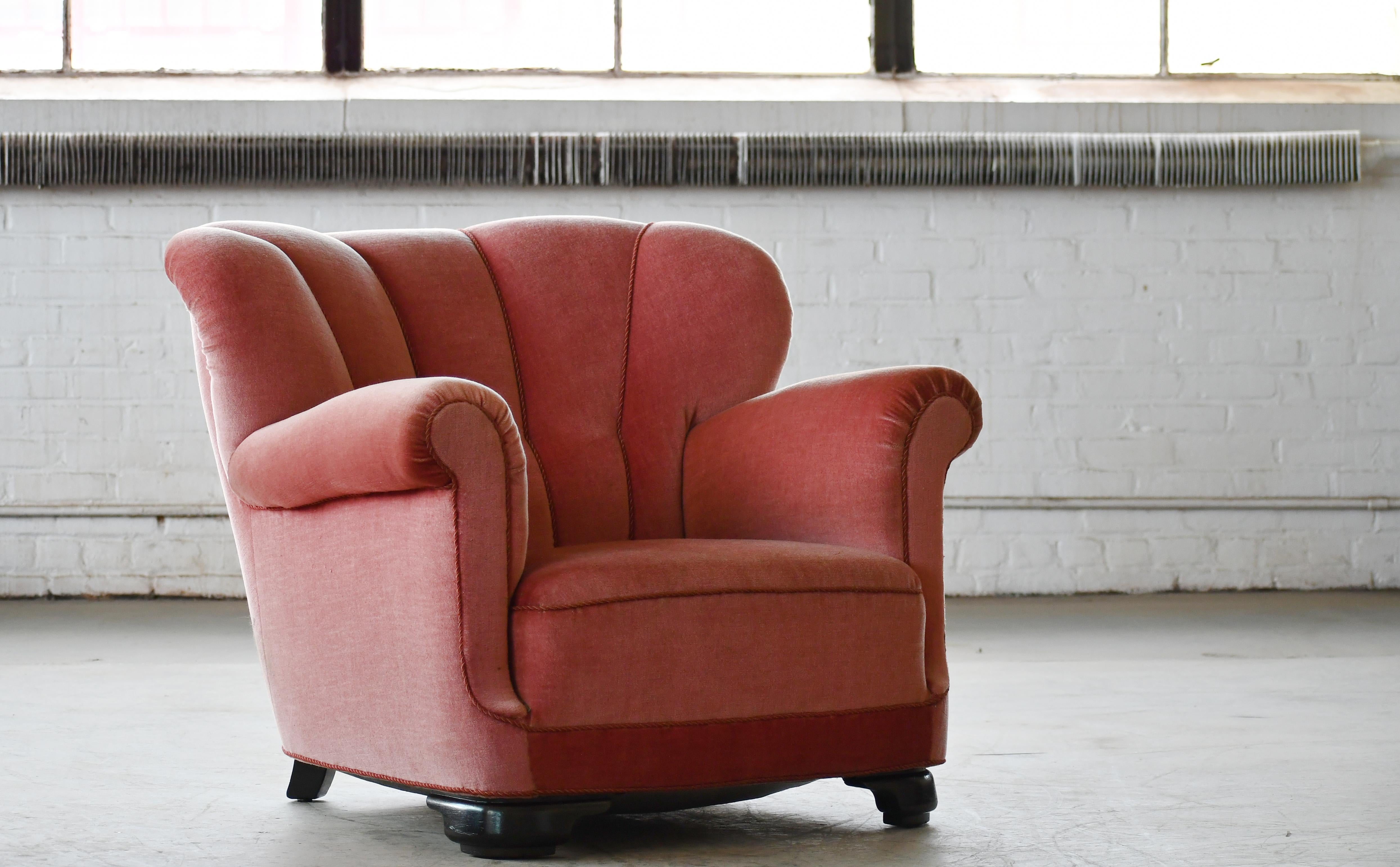 Beech Danish 1940s Large Channel Back Club Chair in Pink Mohair 