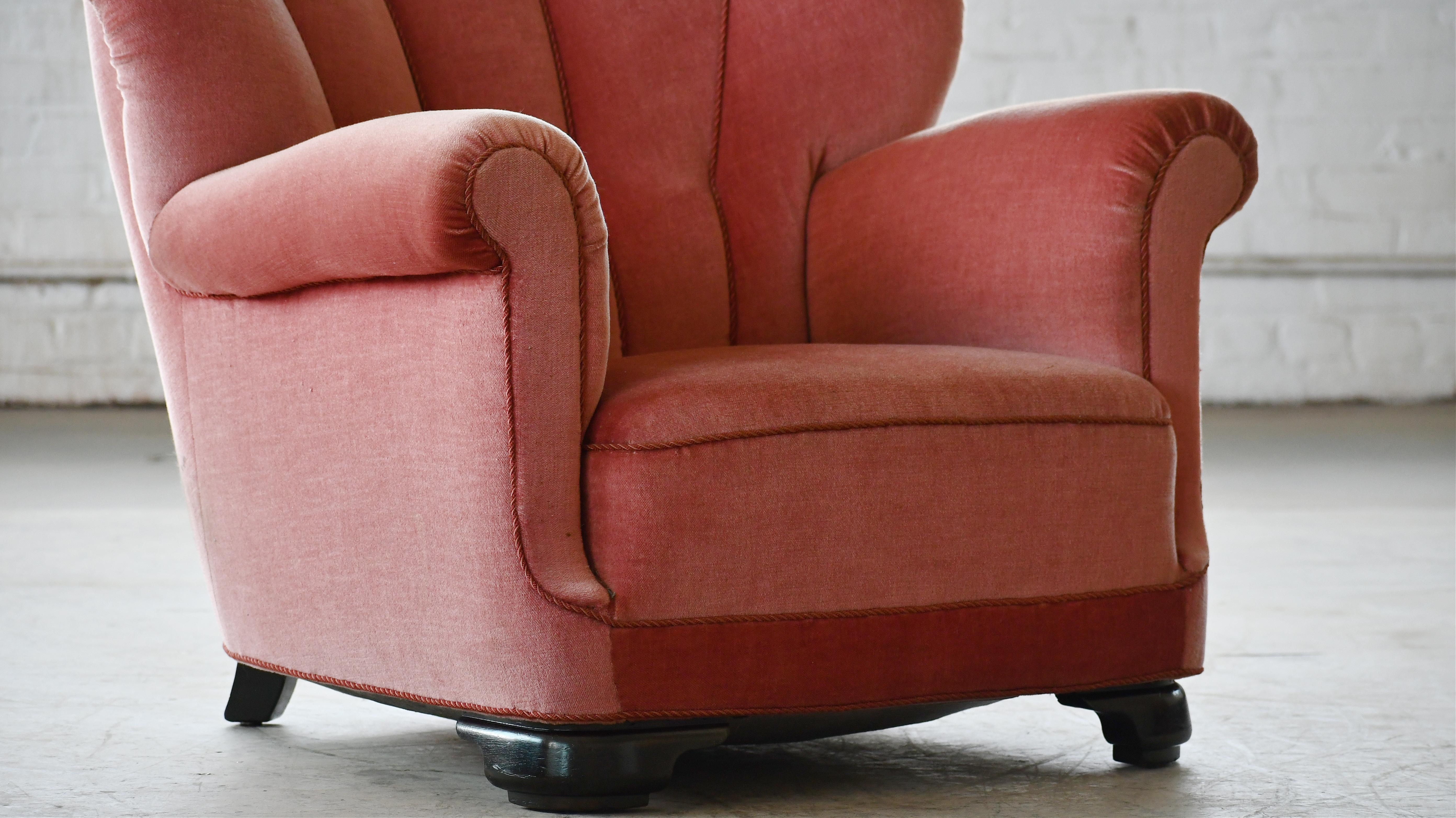 Danish 1940s Large Channel Back Club Chair in Pink Mohair  1