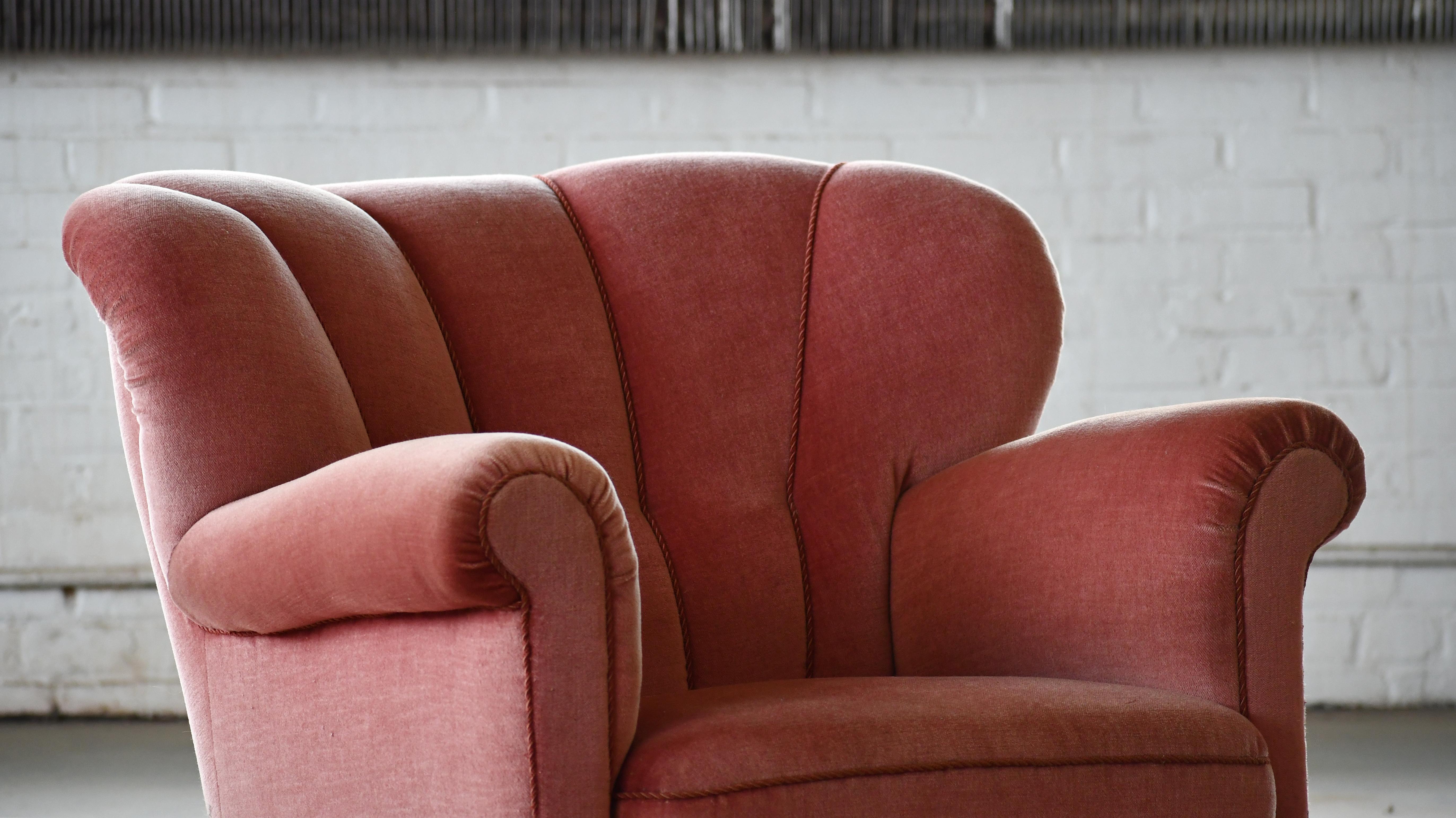 Danish 1940s Large Channel Back Club Chair in Pink Mohair  2