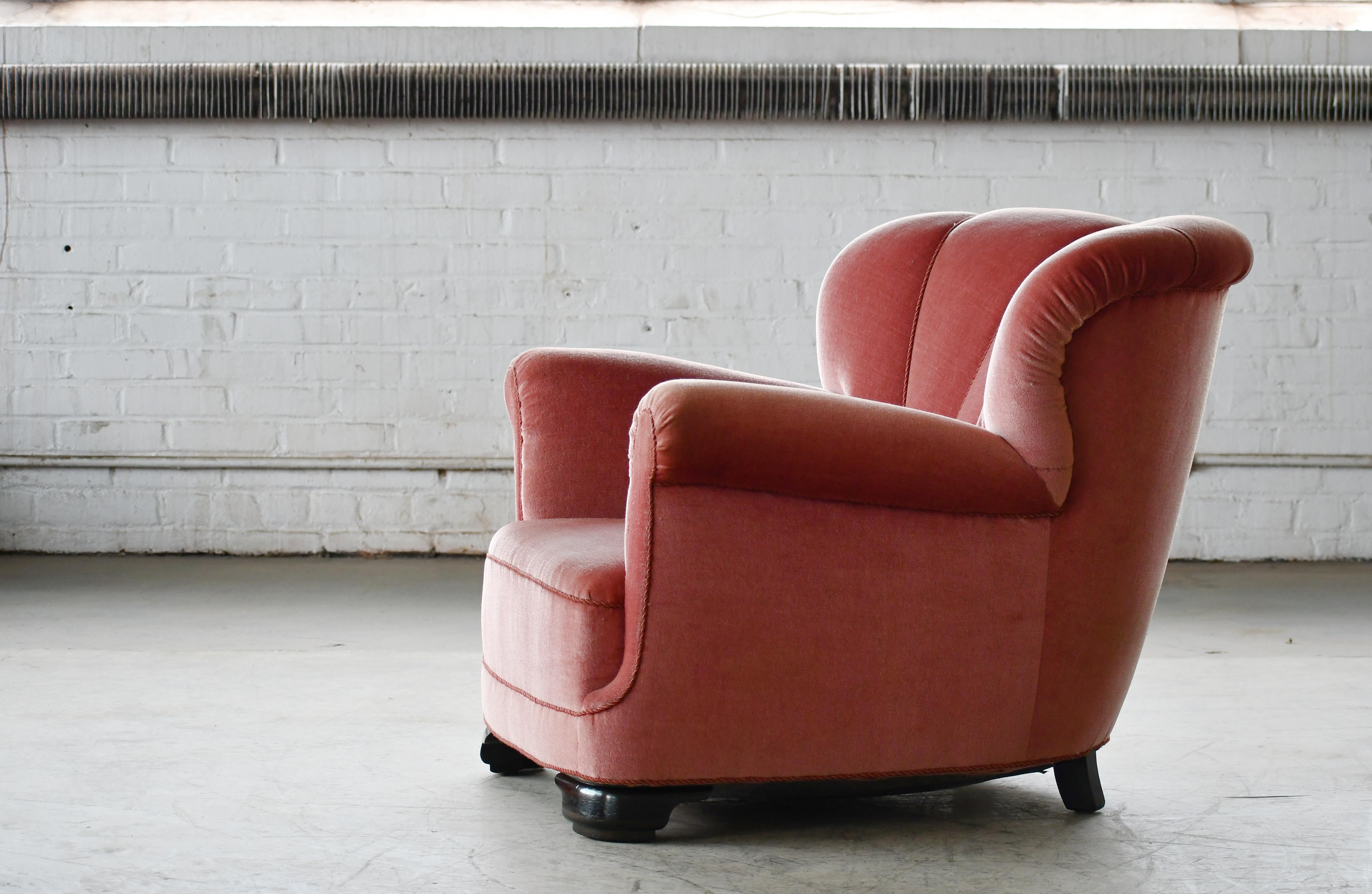 Danish 1940s Large Channel Back Club Chair in Pink Mohair  3