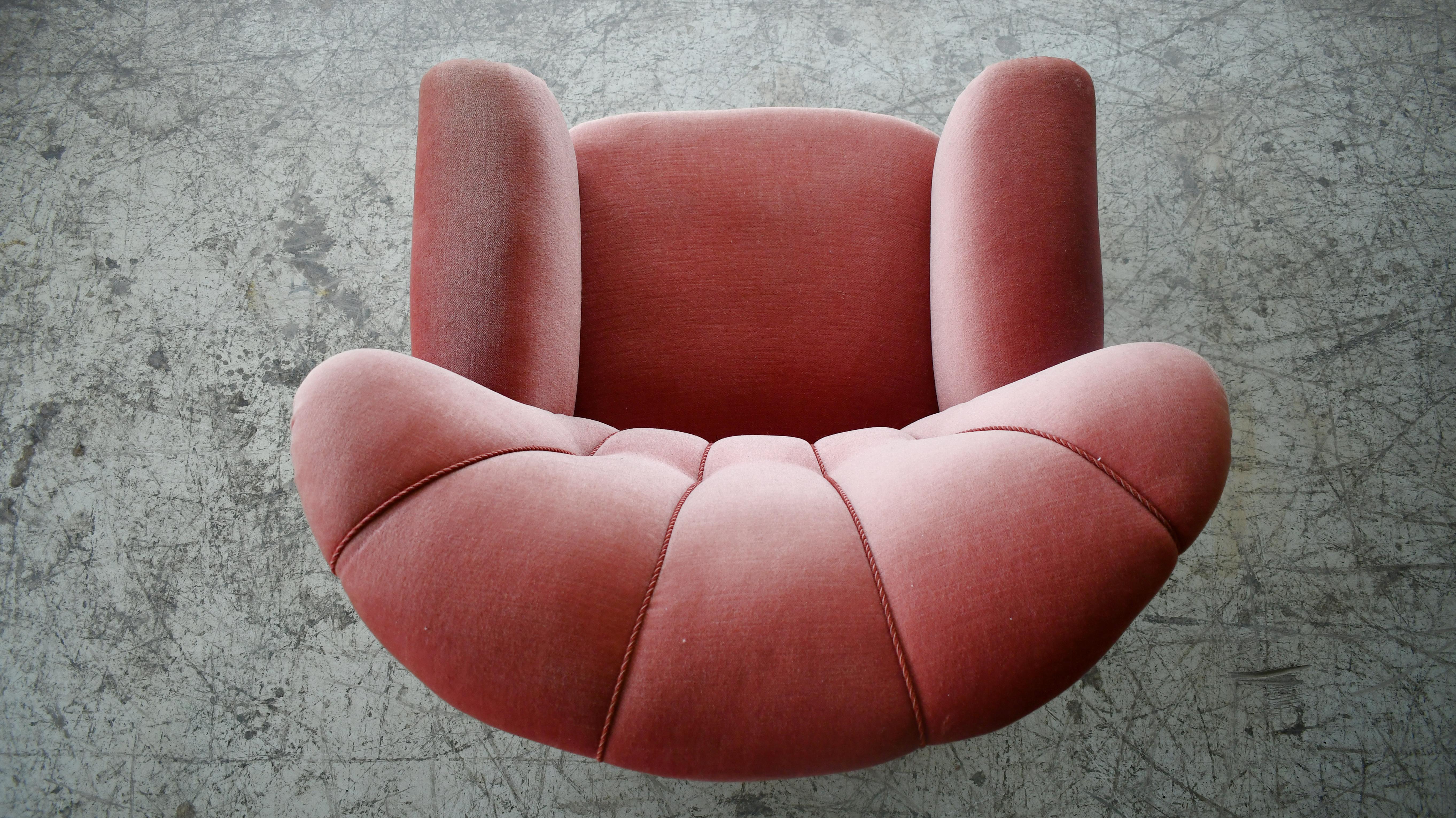Danish 1940s Large Channel Back Club Chair in Pink Mohair  4
