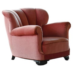 Danish 1940s Large Channel Back Club Chair in Pink Mohair 