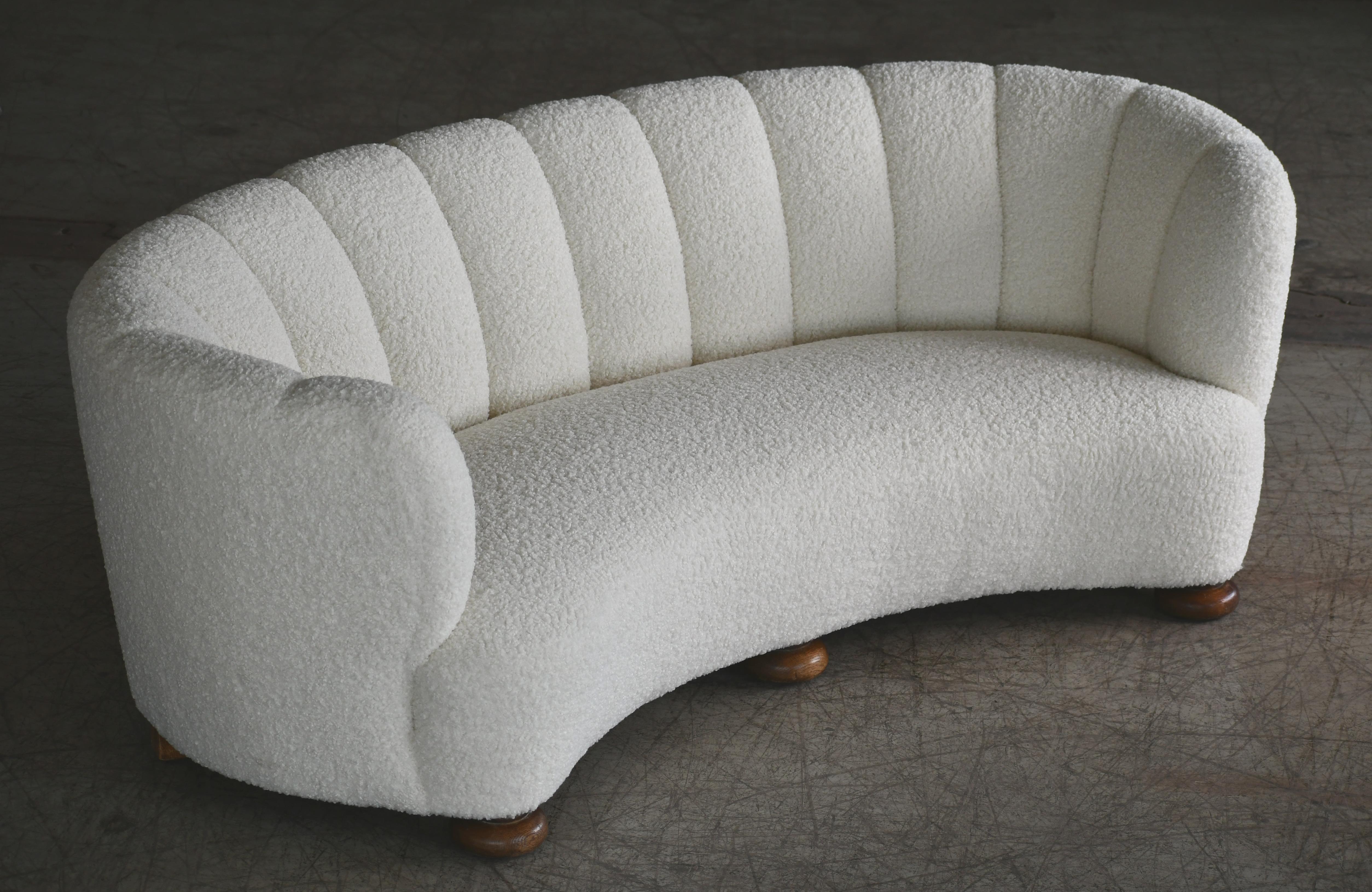 Danish 1940s Large Curved Banana Shape Sofa Newly Re-Upholstered in White Boucle 1