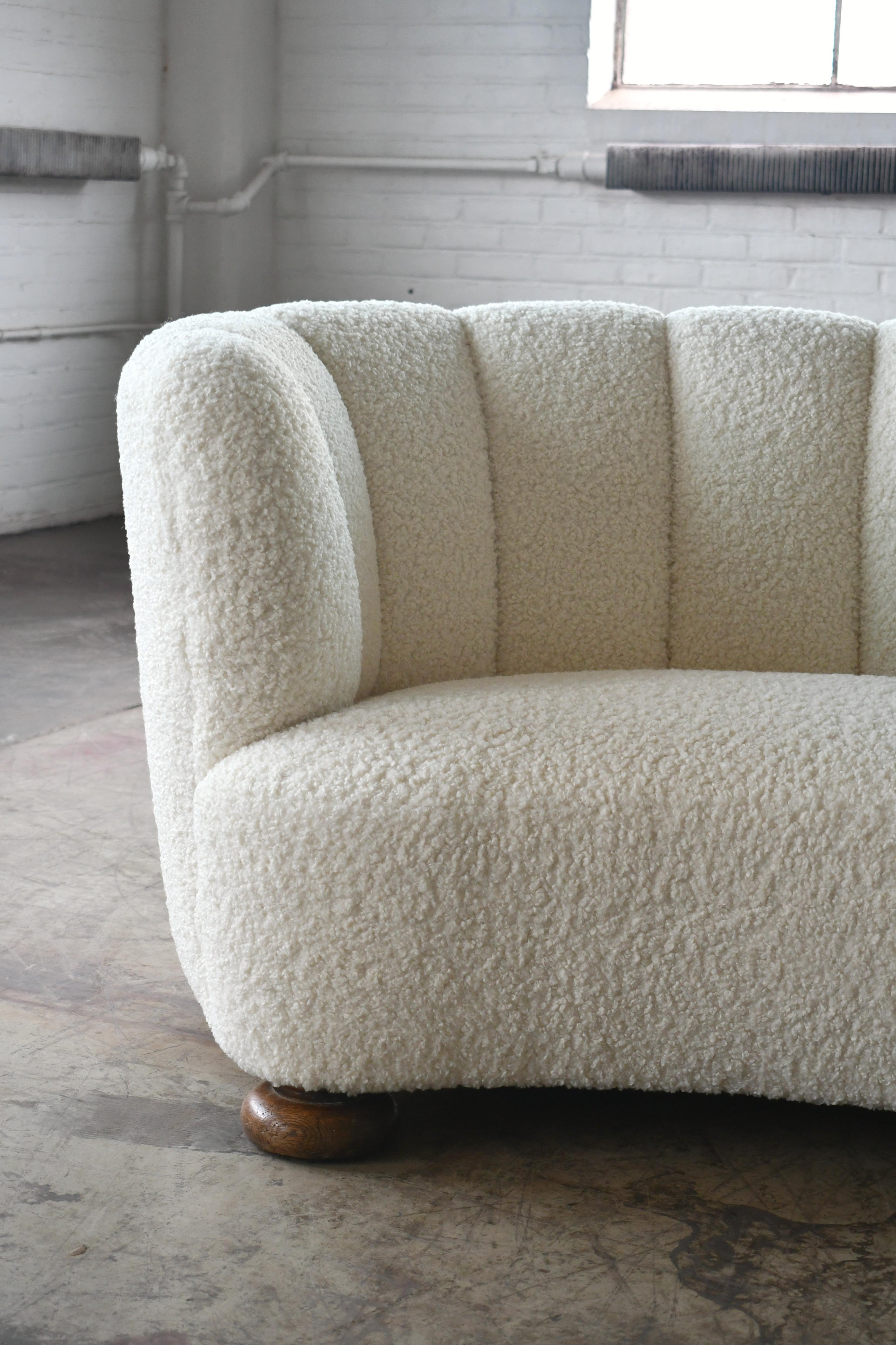 Mid-Century Modern Danish 1940s Large Curved Banana Shape Sofa Newly Re-Upholstered in White Boucle
