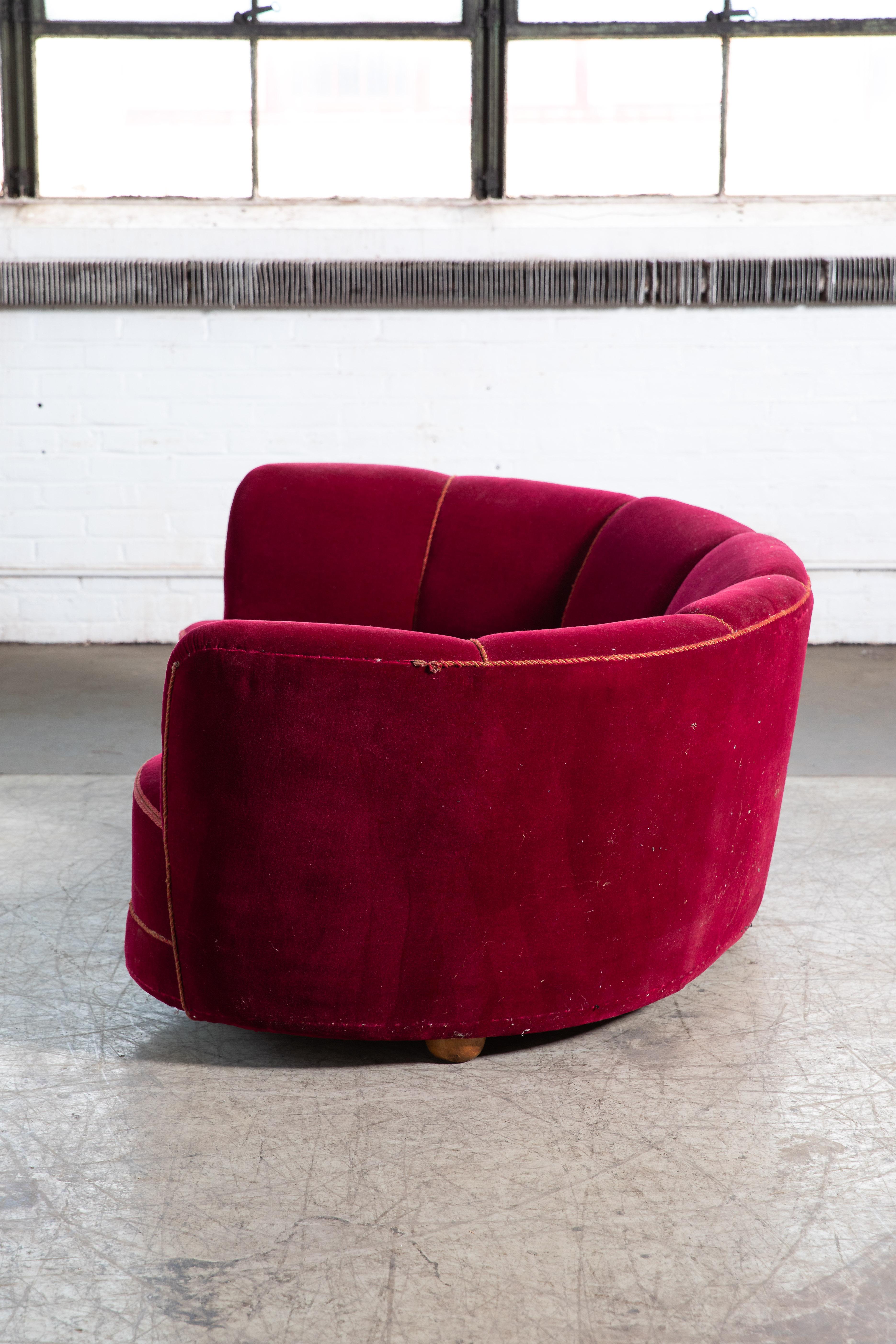 Mid-Century Modern Danish 1940s Large Curved Banana Shape Sofa In Original Red Mohair