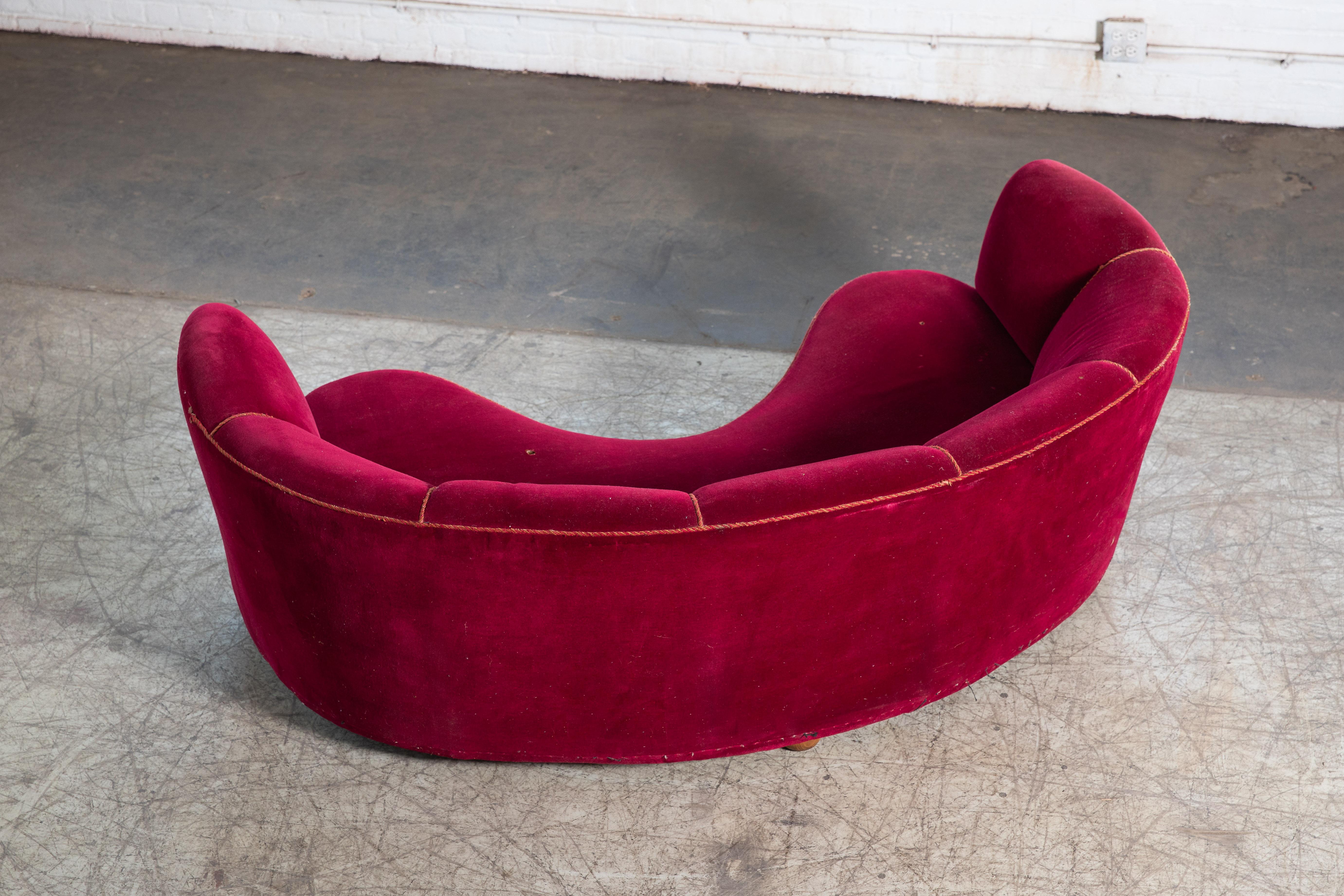 Danish 1940s Large Curved Banana Shape Sofa In Original Red Mohair In Good Condition In Bridgeport, CT