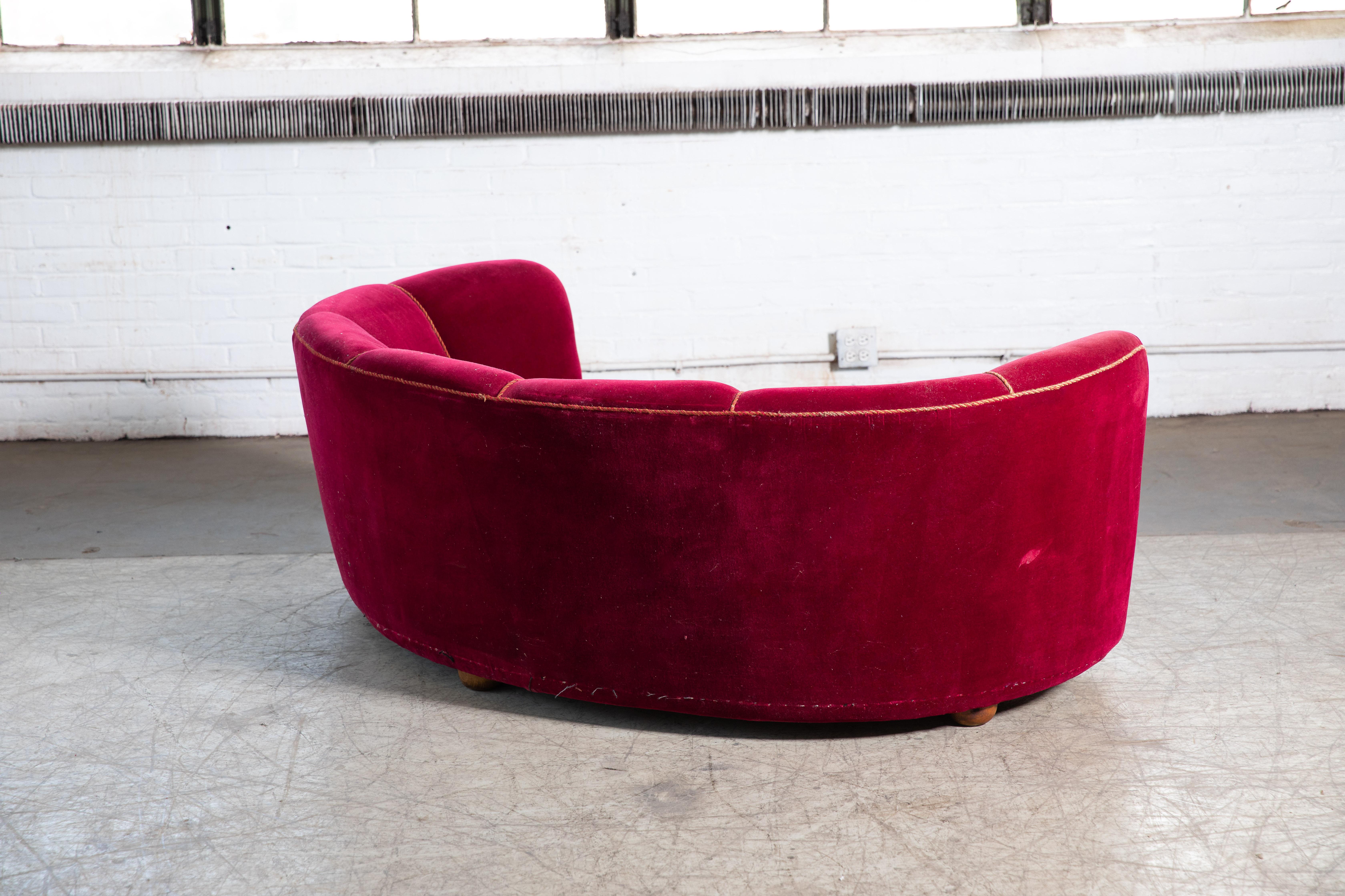 Mid-20th Century Danish 1940s Large Curved Banana Shape Sofa In Original Red Mohair
