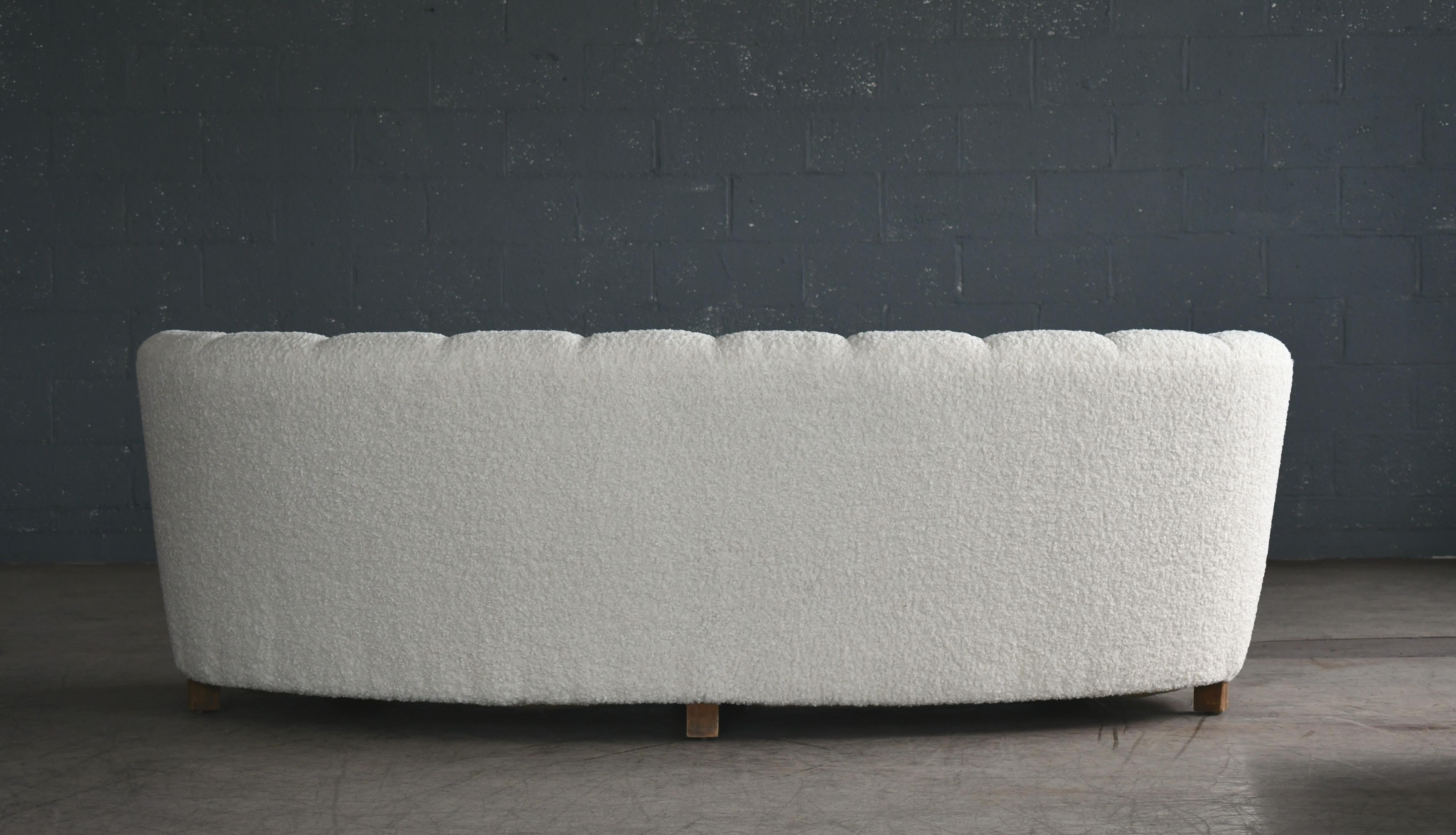 Beech Danish 1940s Large Curved Banana Shape Sofa Newly Re-Upholstered in White Boucle