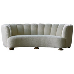 Danish 1940s Large Curved Banana Shape Sofa Newly Re-Upholstered in White Boucle