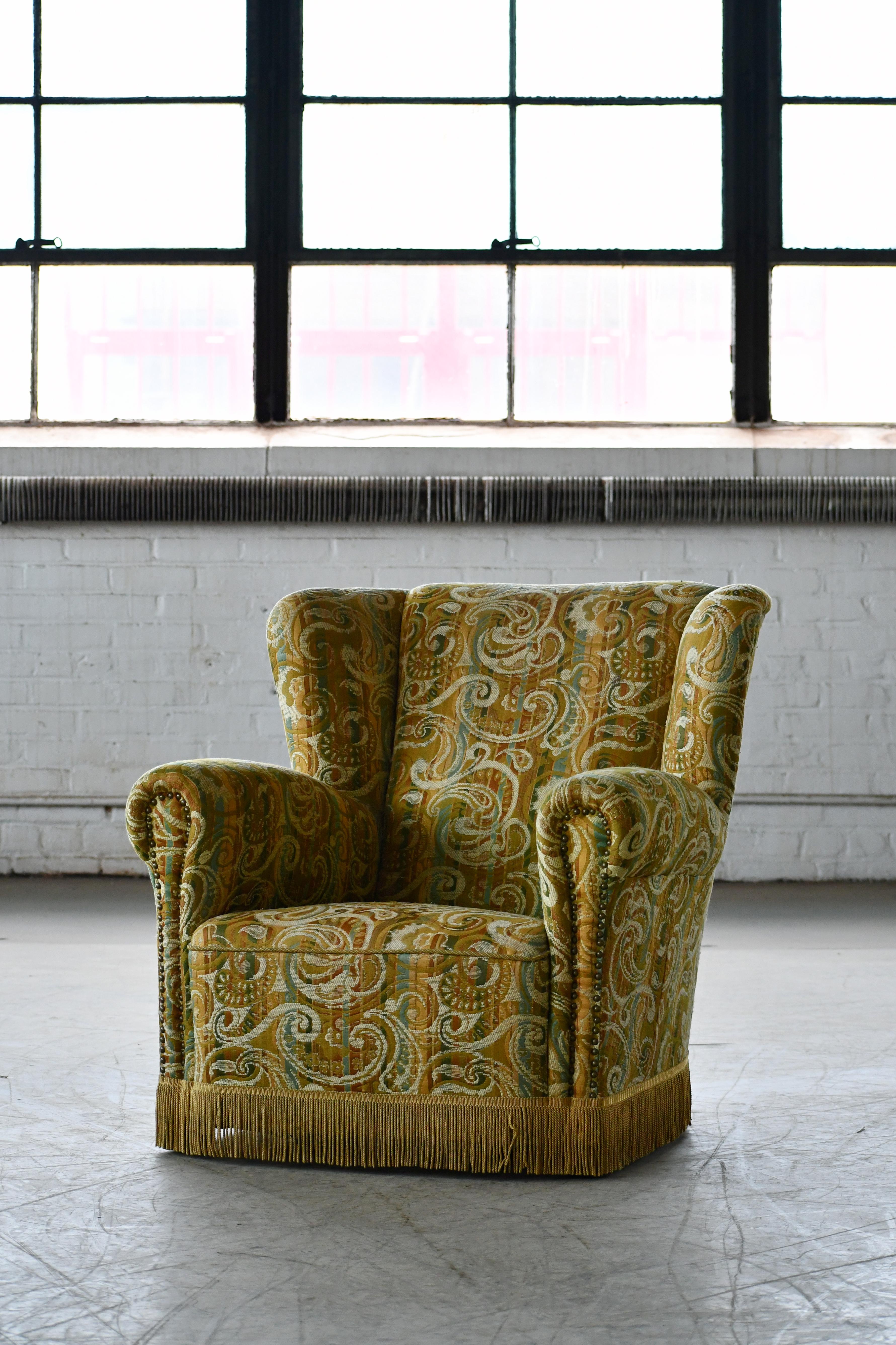 Mid-20th Century Danish 1940s Large Lounge Chair in Floral Fabric For Sale