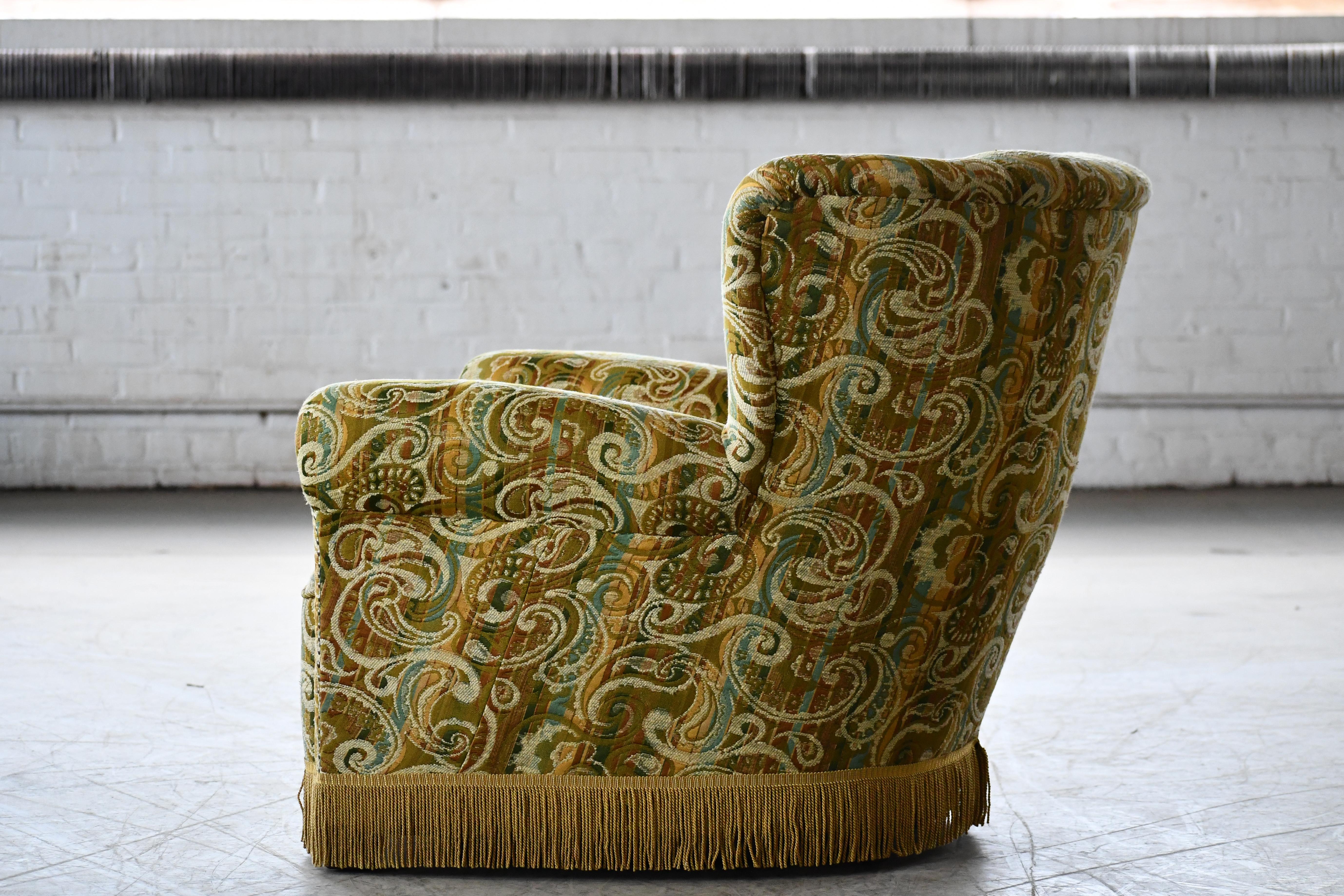 Wool Danish 1940s Large Lounge Chair in Floral Fabric For Sale