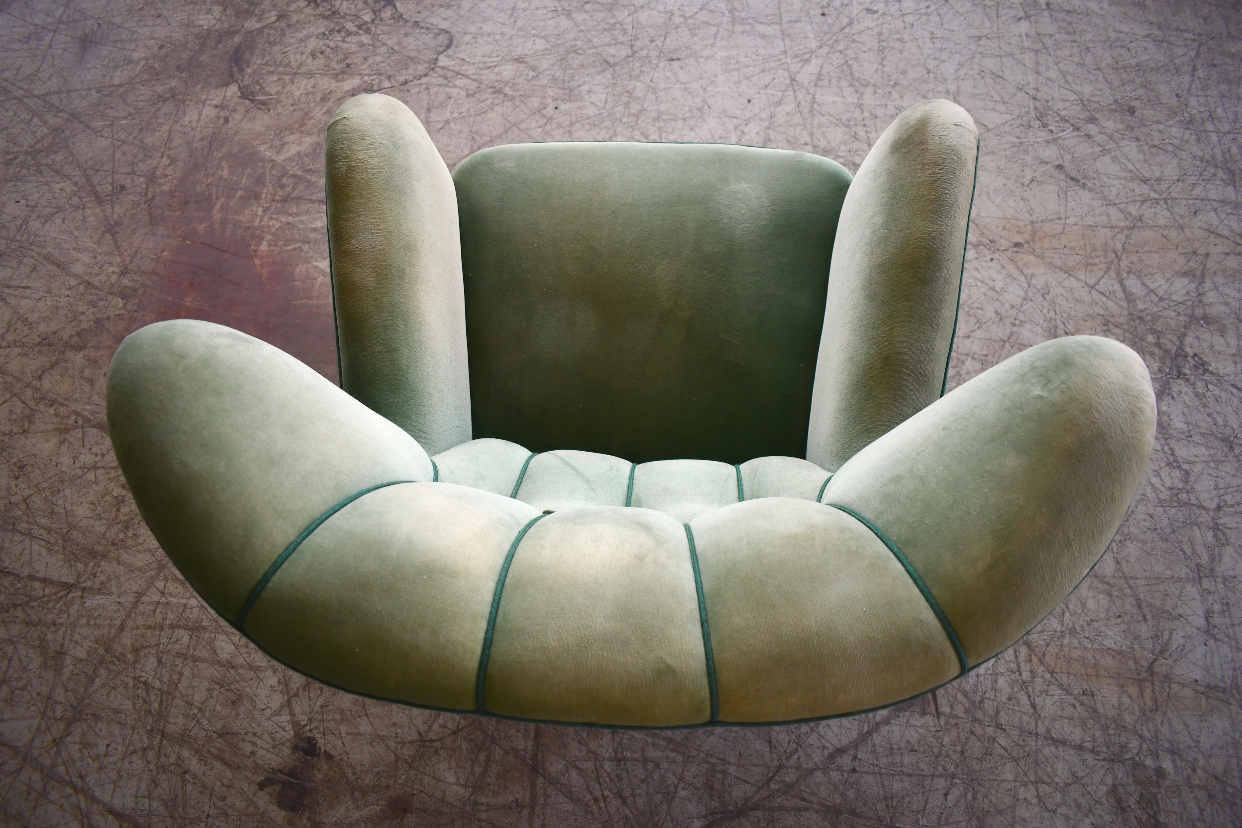 Danish 1940s Lassen Style Easy Chair in Green Mohair Fabric 2