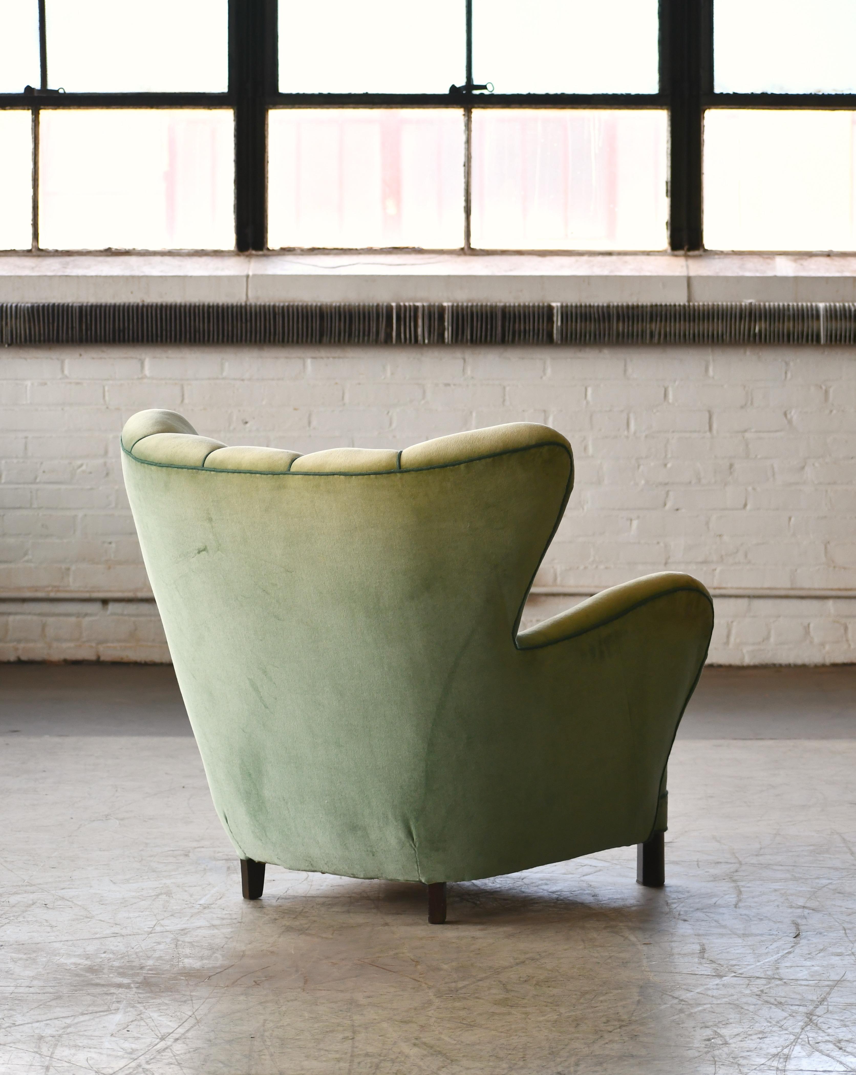 Danish 1940s Lassen Style Easy Chair in Green Mohair Fabric 3