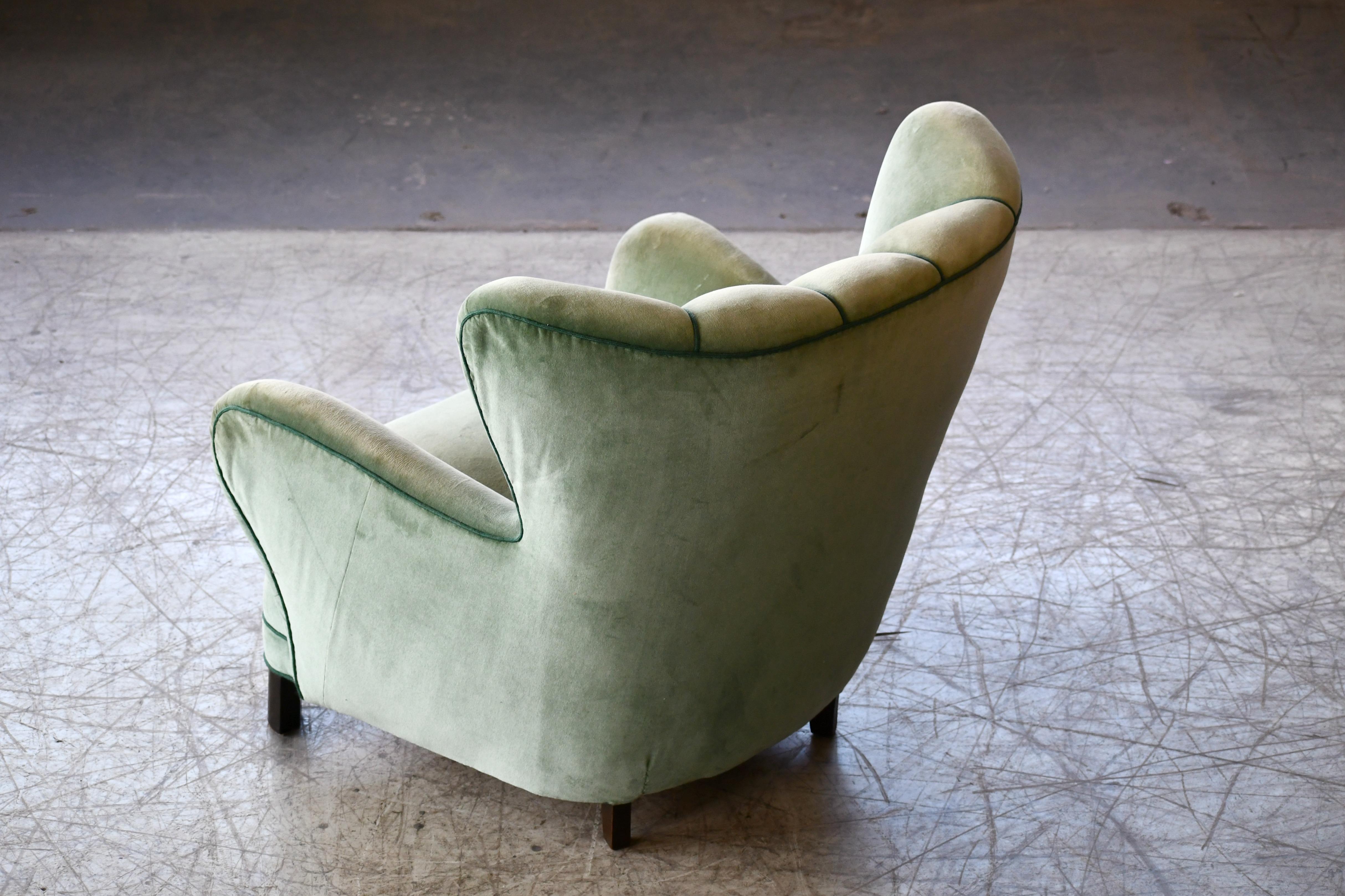Mid-20th Century Danish 1940s Lassen Style Easy Chair in Green Mohair Fabric
