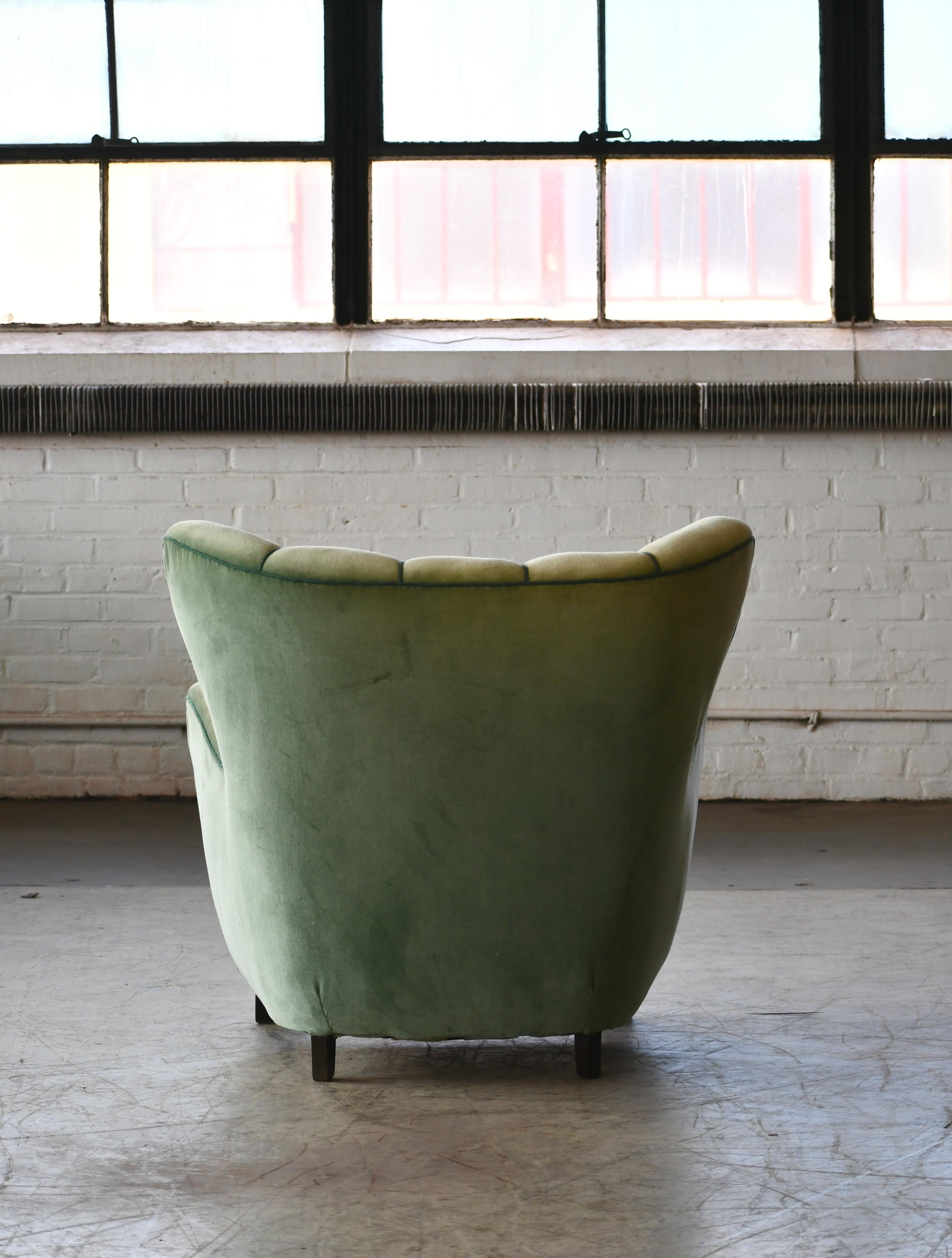Danish 1940s Lassen Style Easy Chair in Green Mohair Fabric 1
