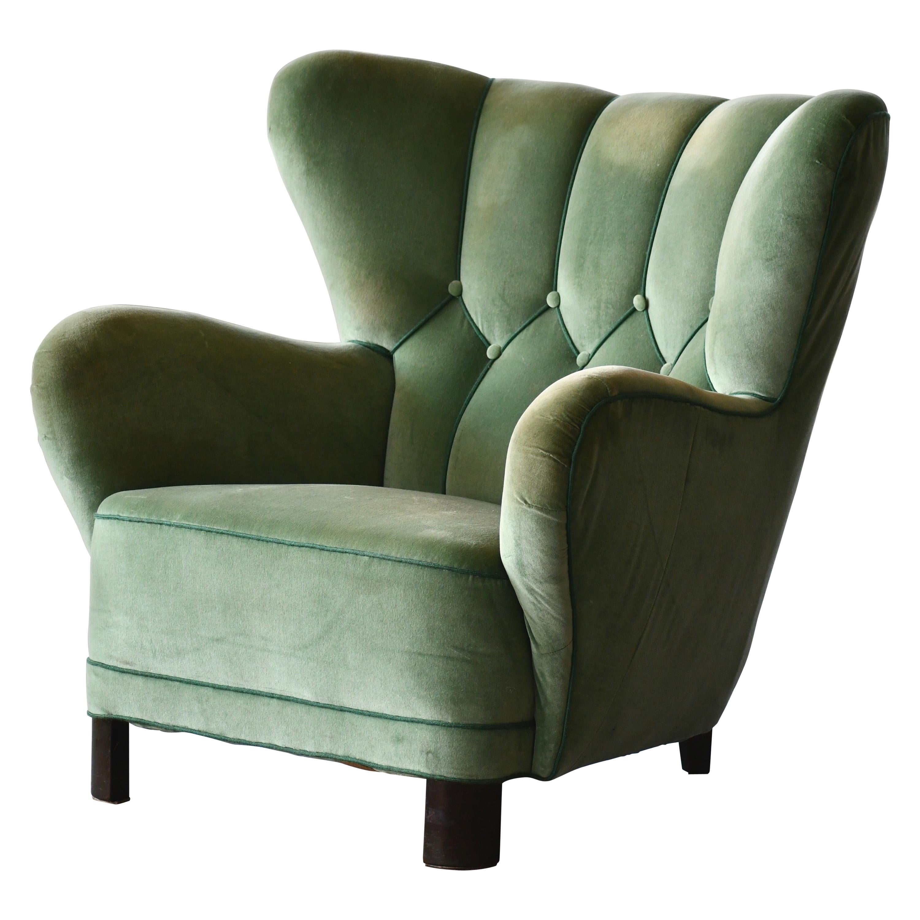 Danish 1940s Lassen Style Easy Chair in Green Mohair Fabric