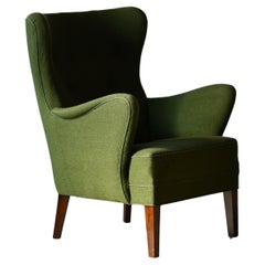 Vintage Danish 1940s Lassen Style Easy Chair in Green Wool Fabric Mahogany Legs