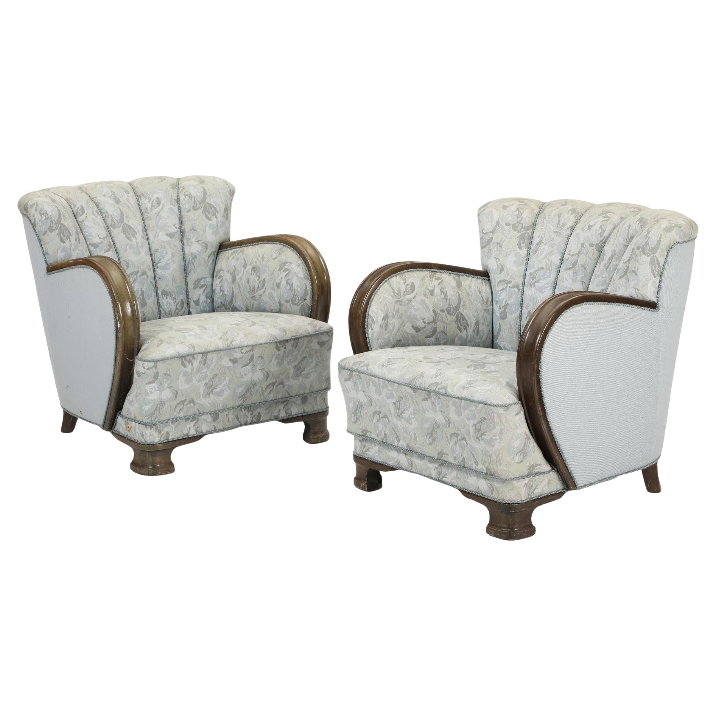 Danish 1940s Lounge Chairs with Carved Wood Armrests Late Art Deco