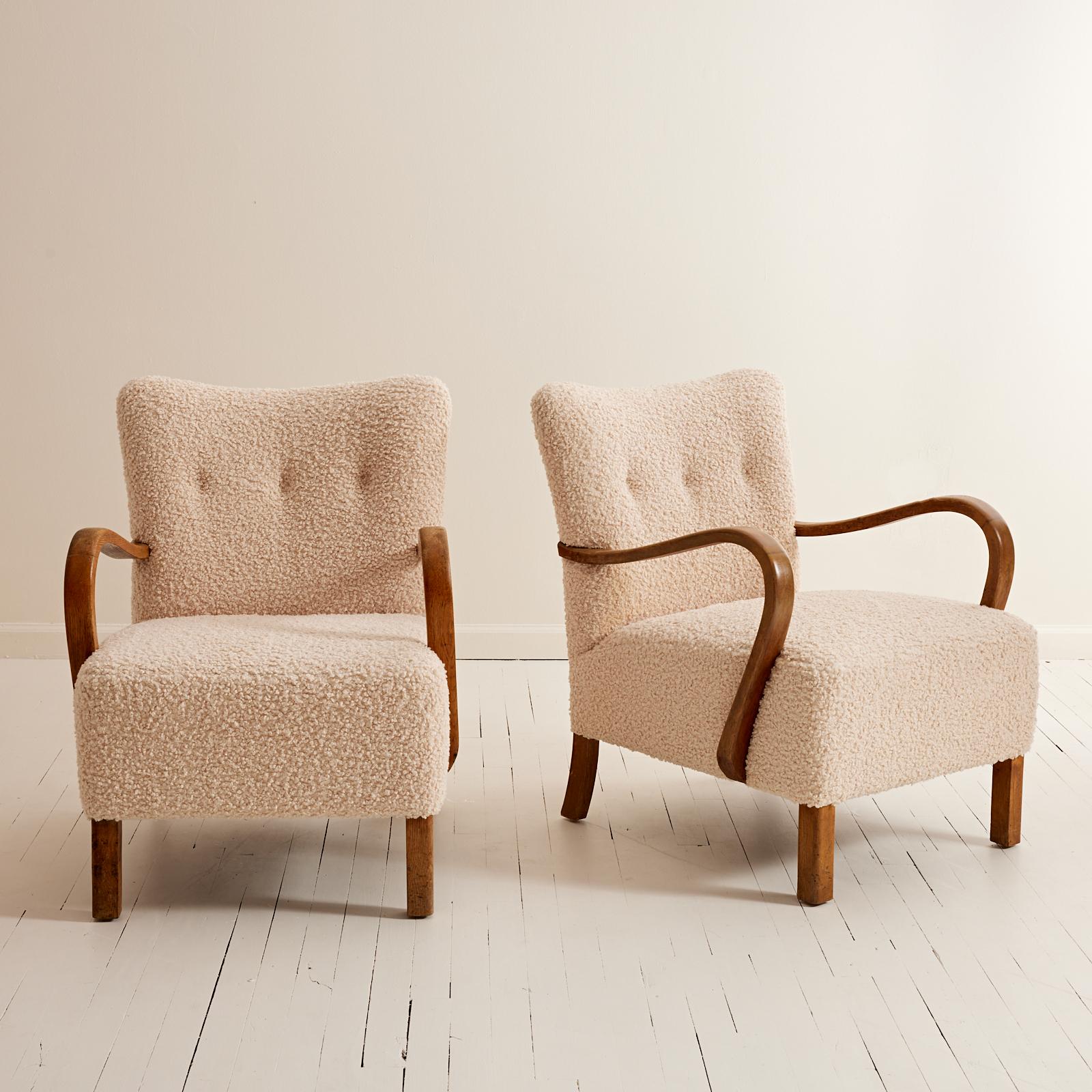 Mid-Century Modern Danish 1940's Lounge Chairs With Curved Armrests, Sherpa Boucle Ivory Fabric