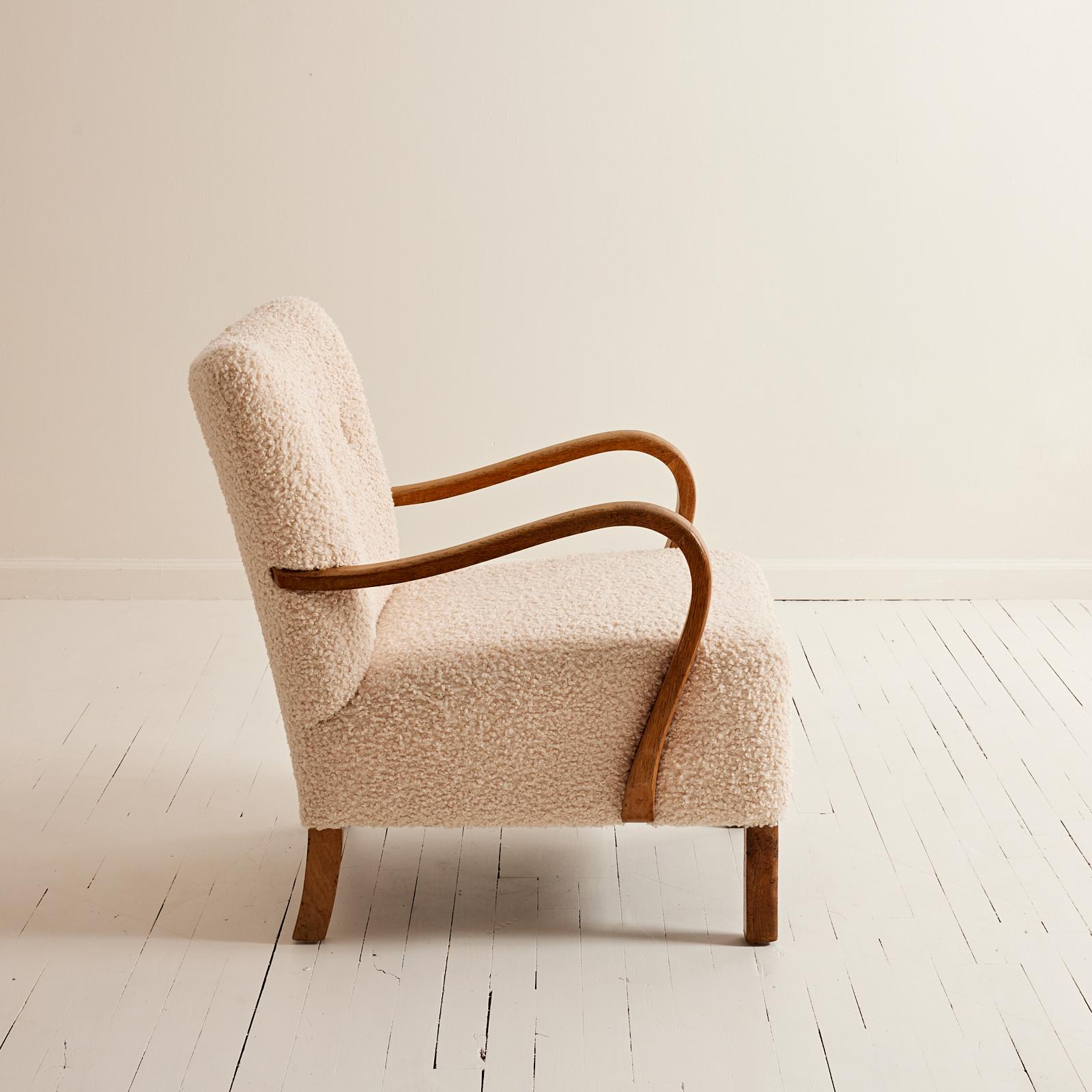 20th Century Danish 1940's Lounge Chairs With Curved Armrests, Sherpa Boucle Ivory Fabric